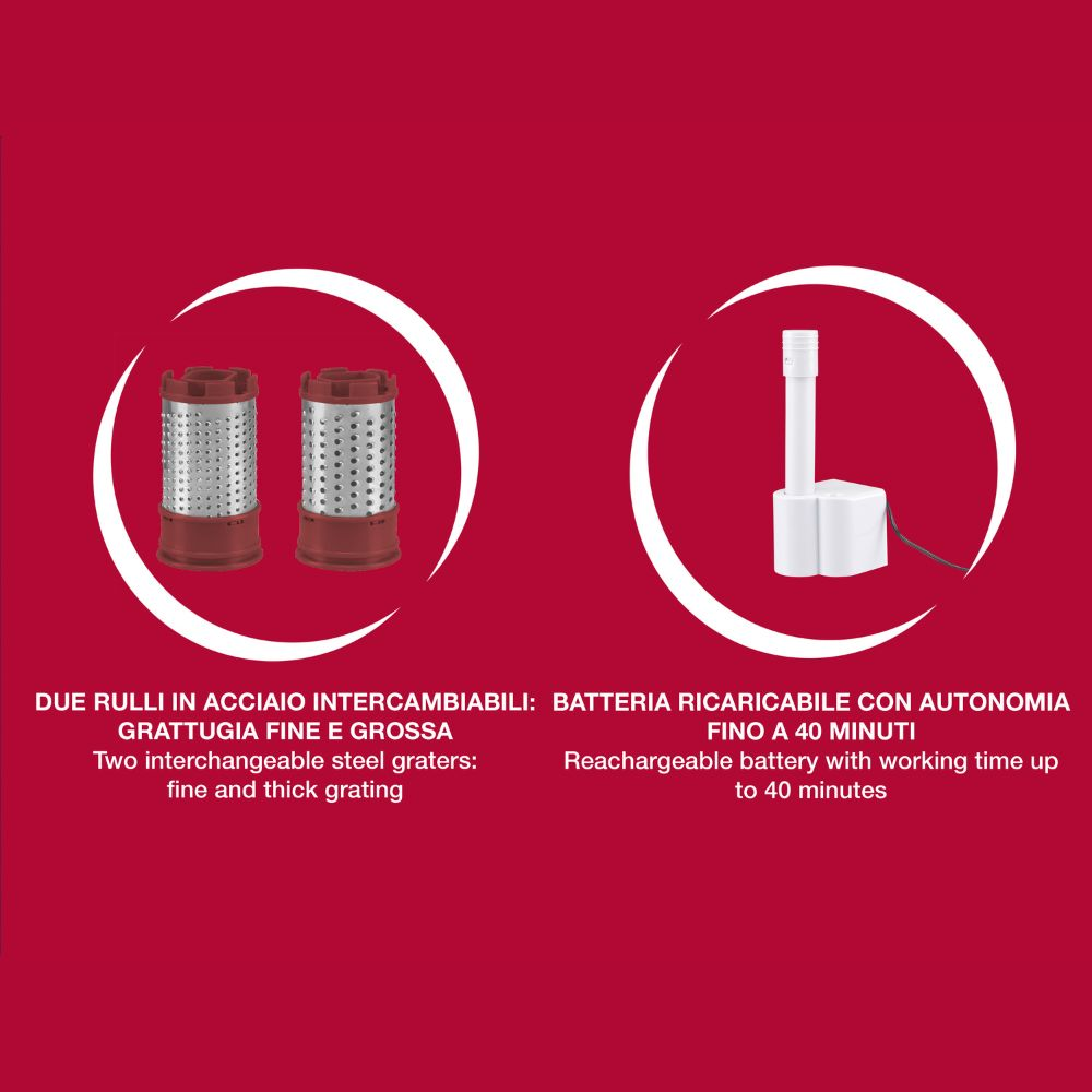 L'immagine mostra due grattugie e una batteria. Il testo dice grattugie intercambiabili e batteria ricaricabile con 40 min di utilizzo su sfondo rosso.
