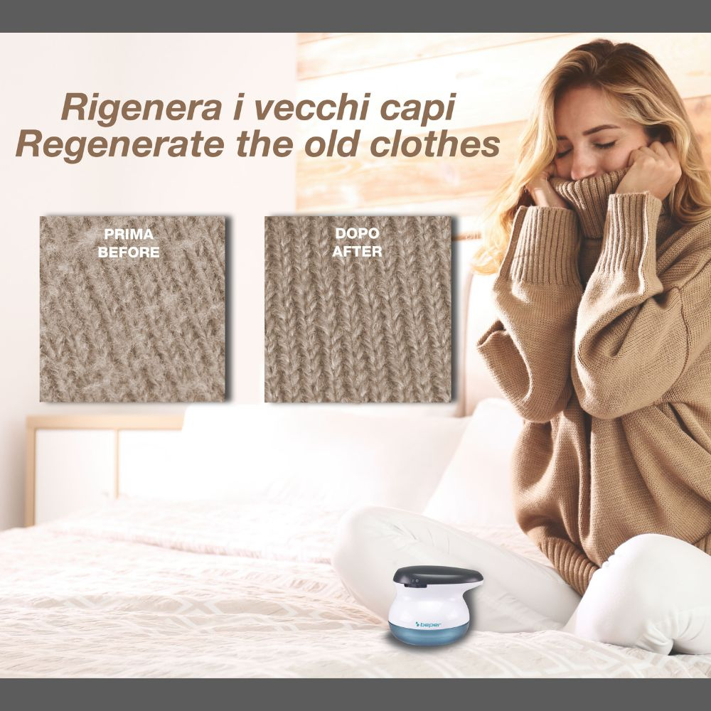 Una donna indossa un maglione, con un confronto tessuto prima/dopo. Un rasoio per tessuti è su un letto. Testo: Rigenera i vecchi vestiti.
