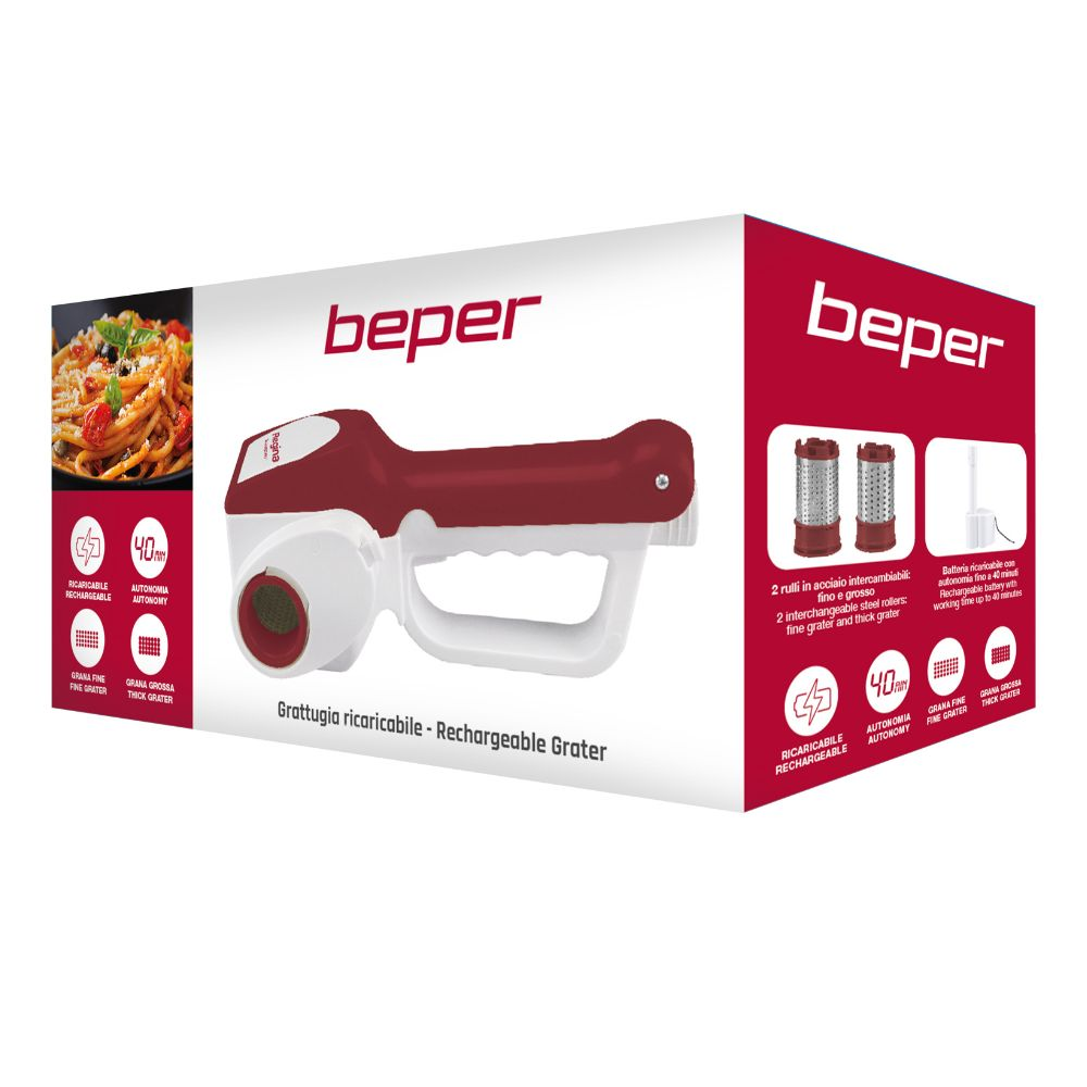 Una scatola con una grattugia elettrica rossa e bianca. Il testo dice 'beper' e 'Rechargeable Grater'. Include immagini di cibo e parti della grattugia.