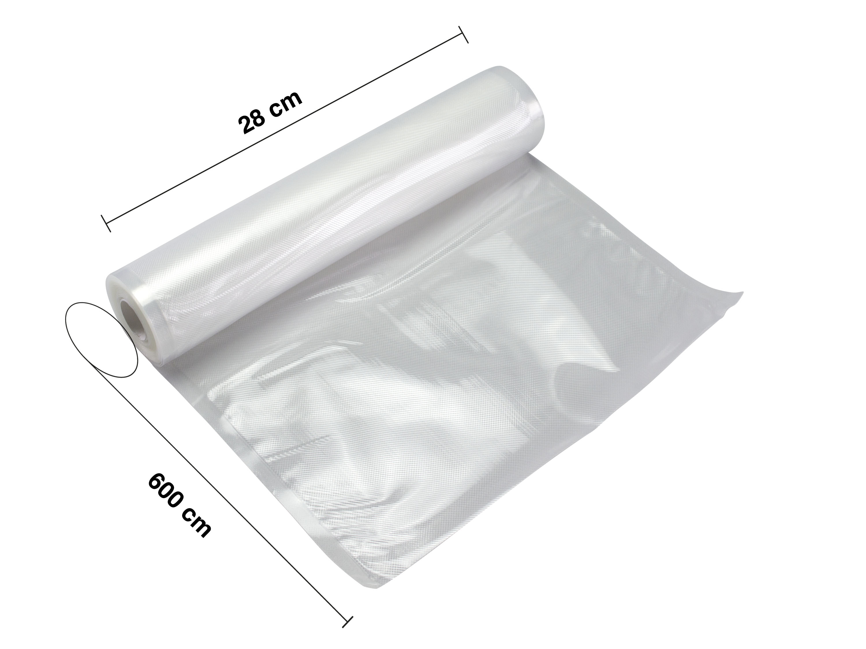 Un rotolo di sacchetti per sottovuoto in plastica trasparente. Dimensioni: 28 cm e 600 cm. Sfondo bianco.