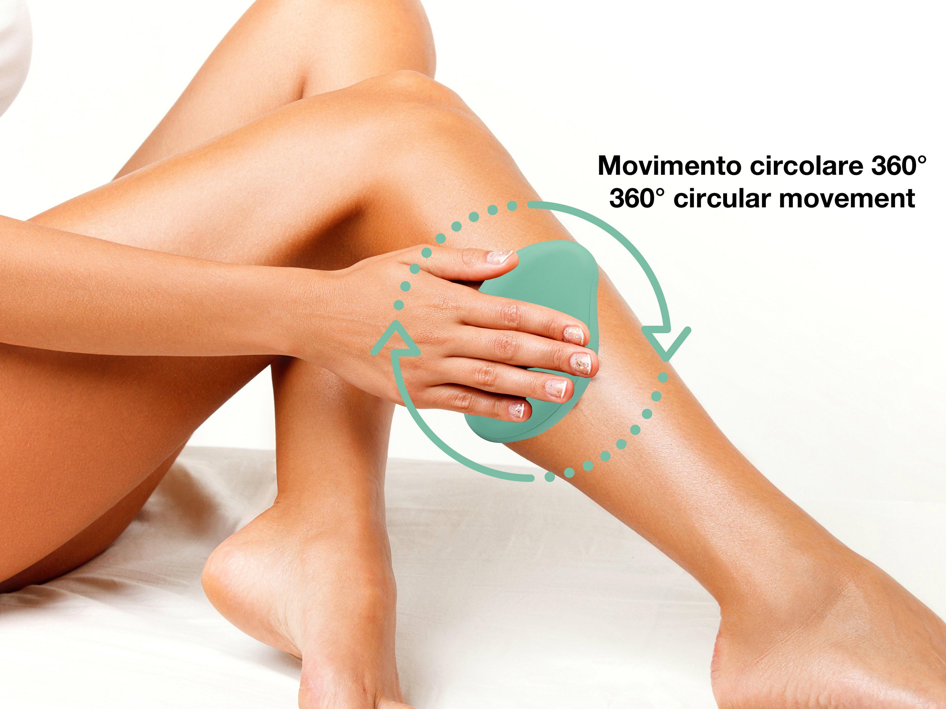 Una persona si massaggia la gamba con uno strumento verde acqua. È indicato un movimento circolare a 360 gradi.