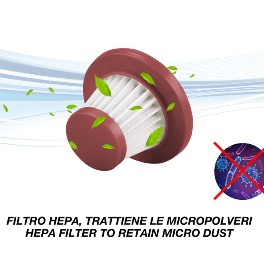 Un filtro per aspirapolvere bordeaux con carta filtro bianca. Foglie verdi sparse. Immagine barrata di microbi sullo sfondo.