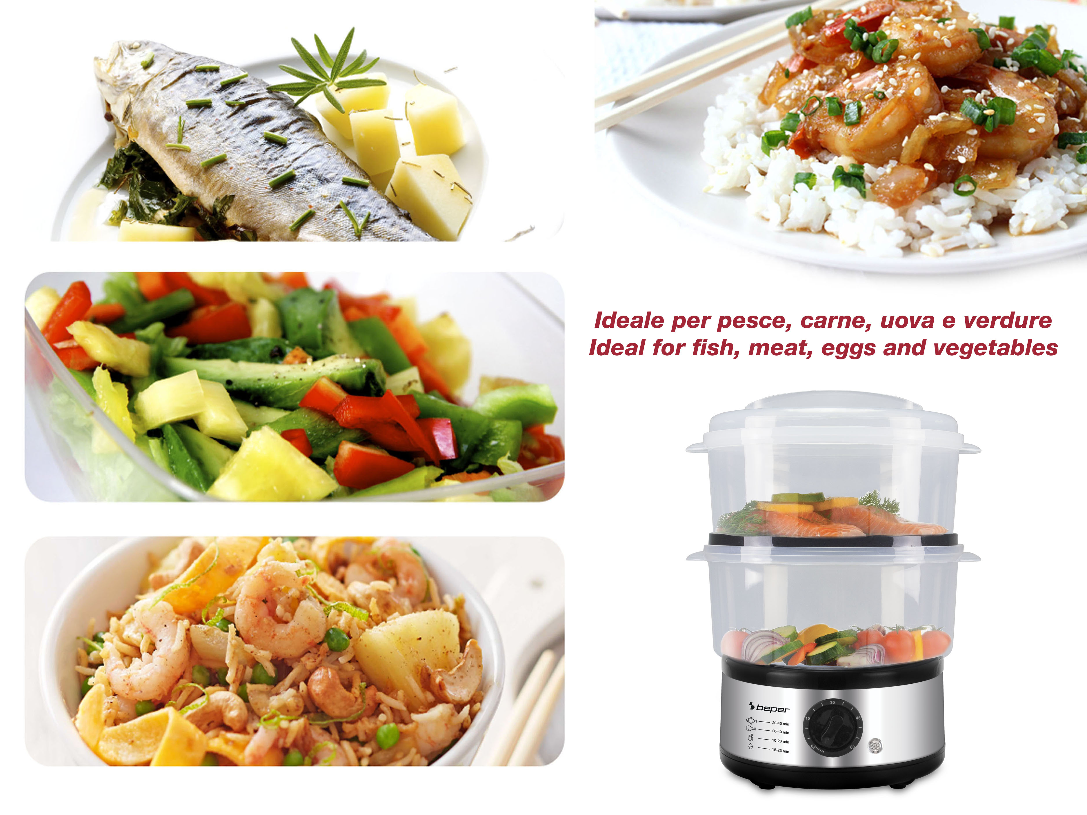 L'immagine mostra pesce cotto, riso con gamberi, insalata e vaporiera con verdure.