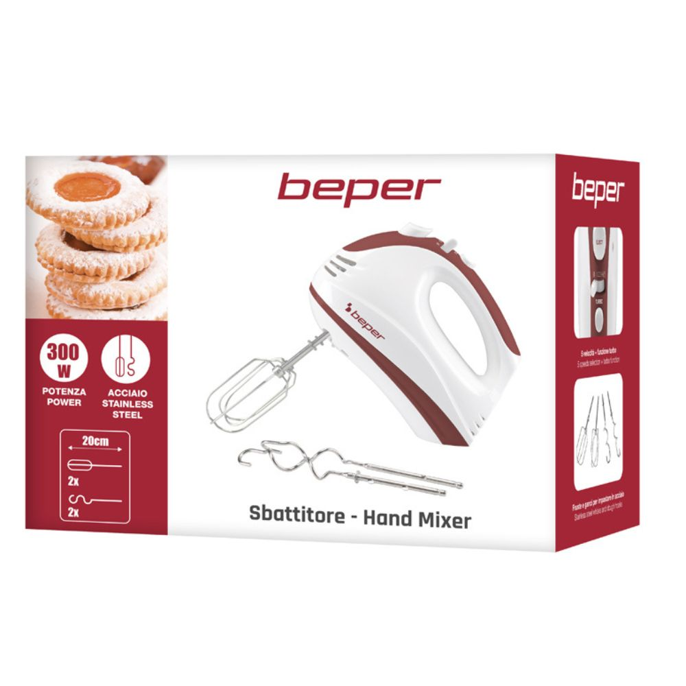 Una scatola di frullatore a mano Beper bianca e bordeaux con biscotti. Testo: 300W, acciaio inossidabile. Frullatore con due accessori.