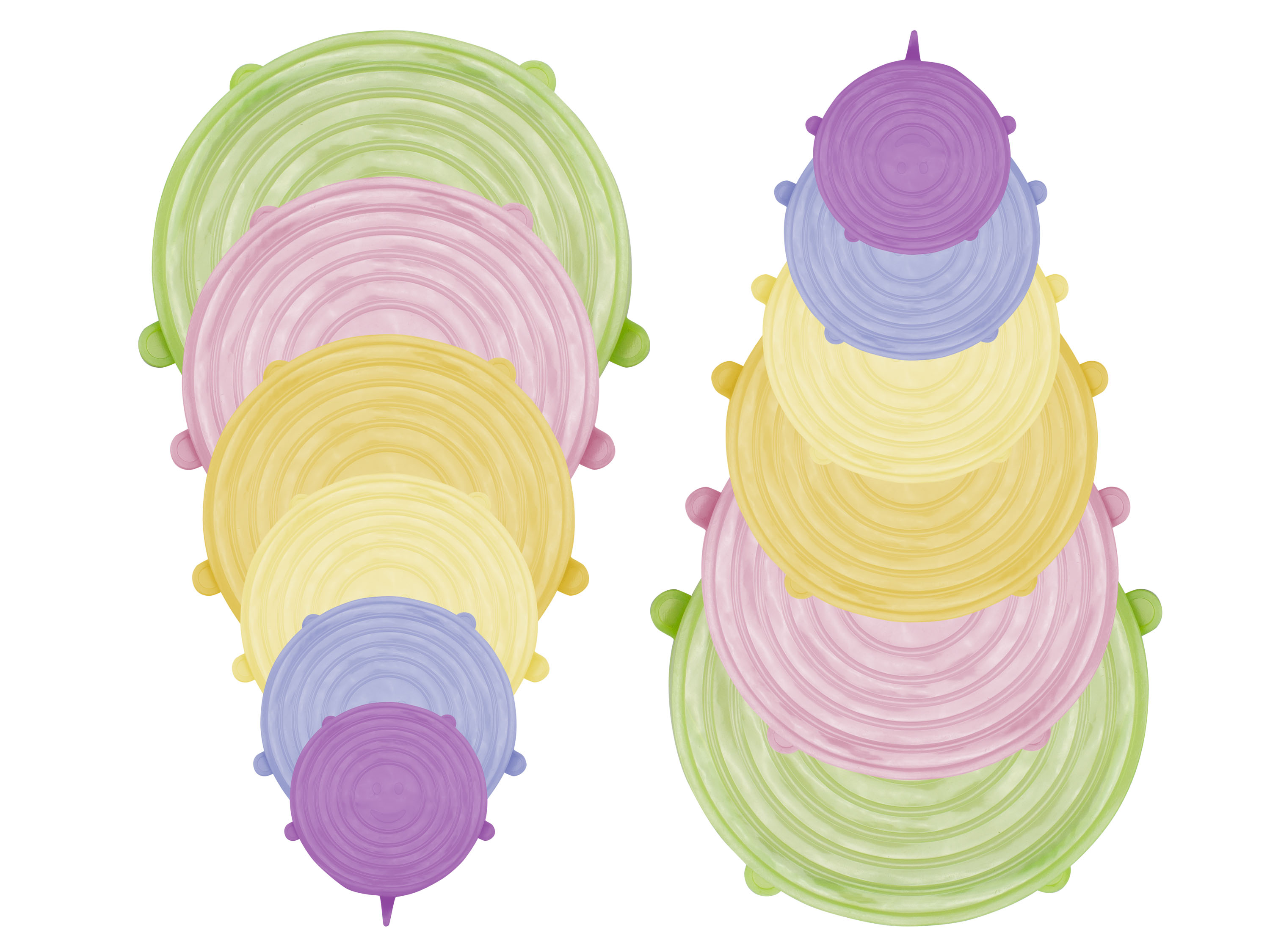 Due pile di coperchi circolari colorati. Ogni coperchio ha delle creste e piccole maniglie. Lo sfondo è bianco.