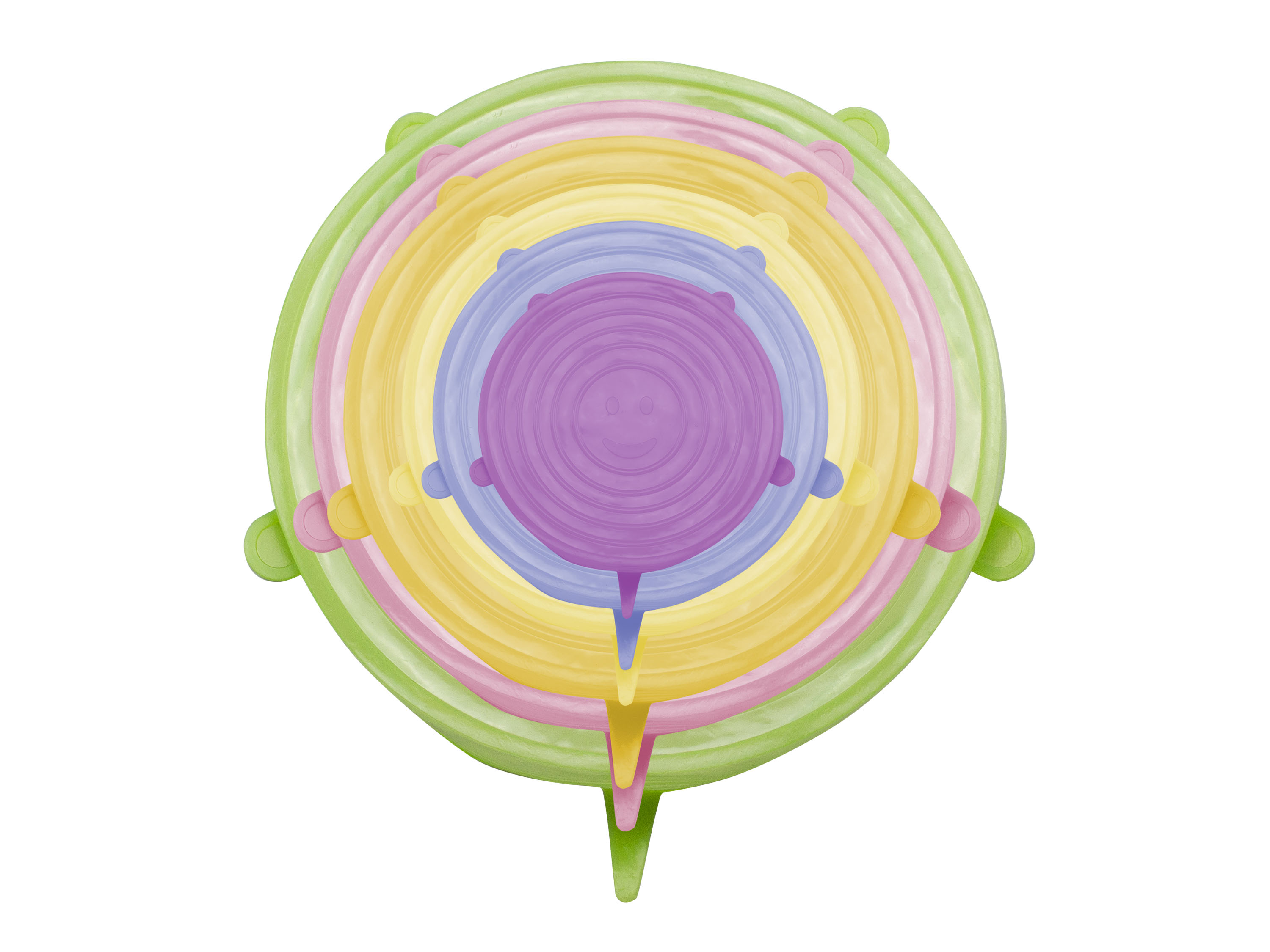 Coperchi circolari colorati impilati su sfondo bianco. Sono visibili verde, rosa, giallo, blu e viola.