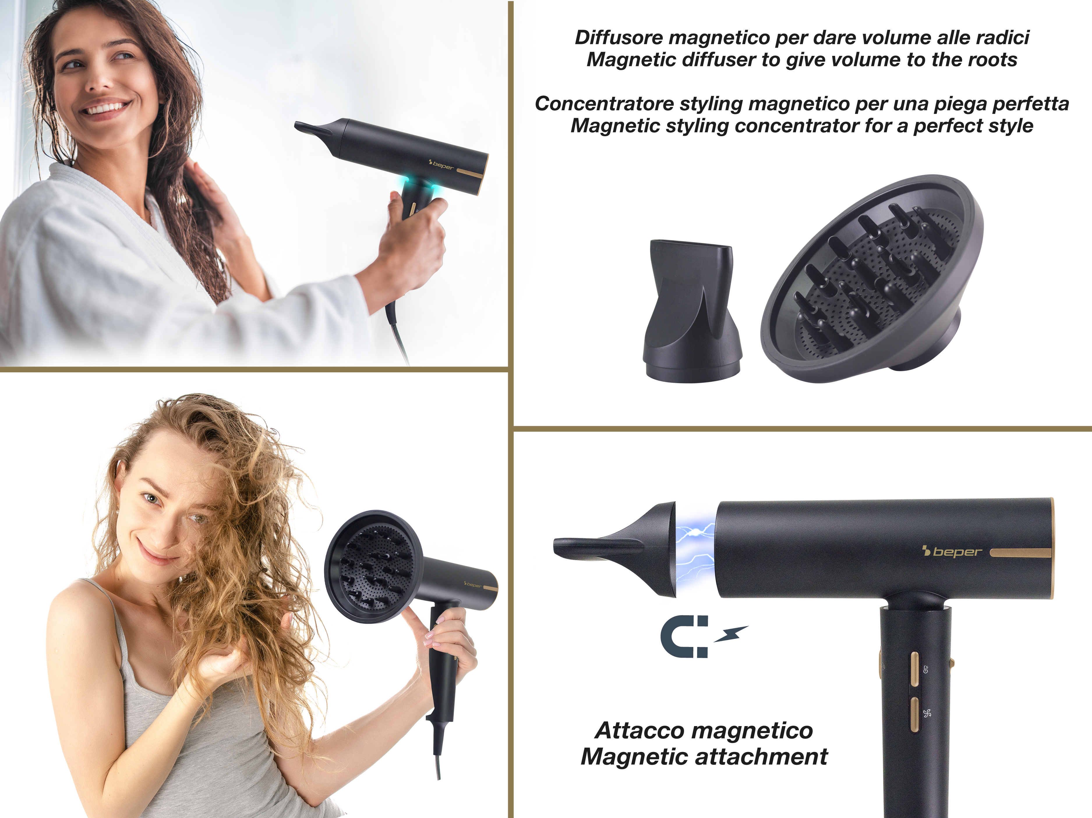 Donne che usano un asciugacapelli nero. Vengono mostrati gli accessori. Testi in italiano e inglese.