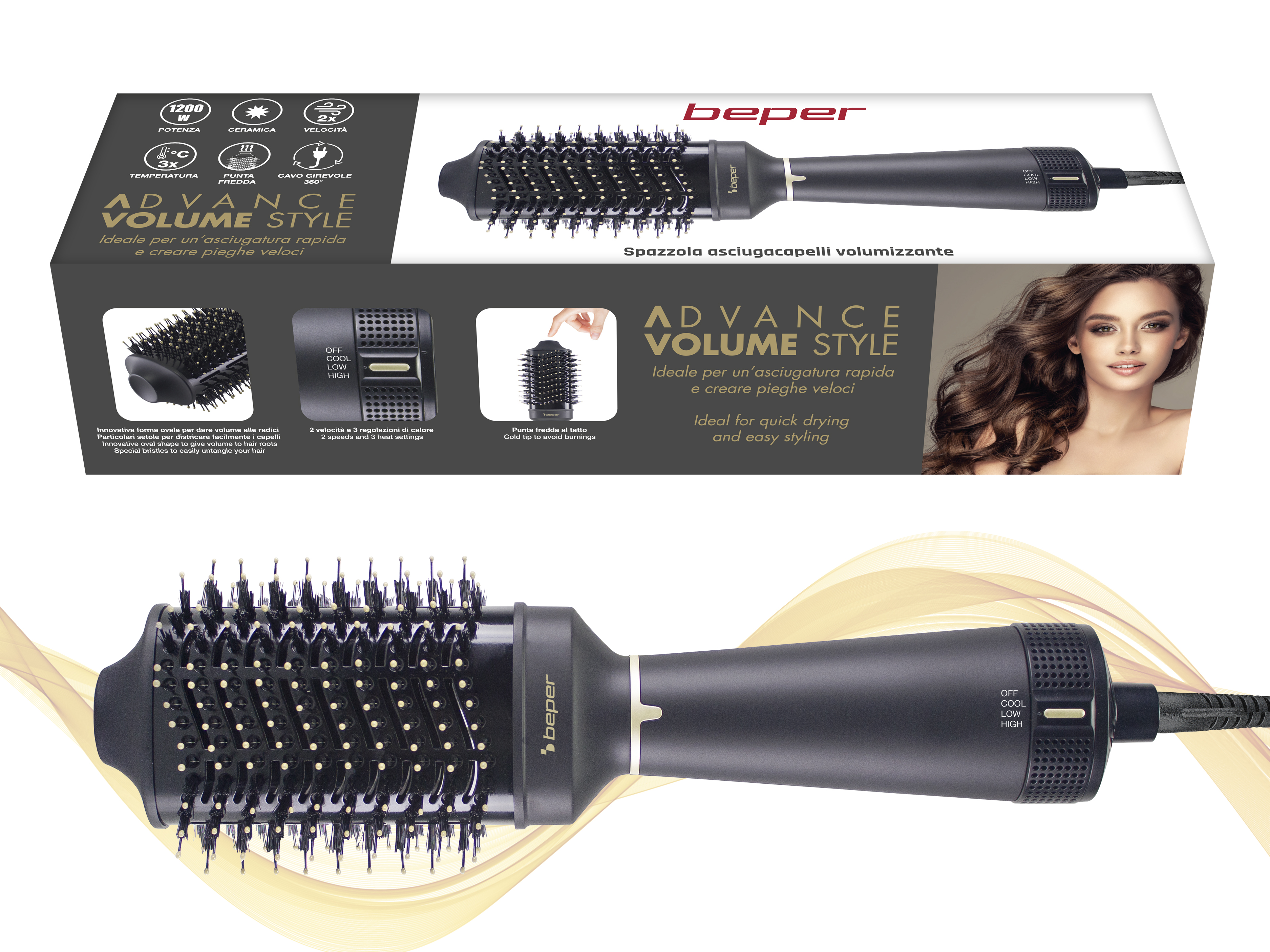 Una spazzola asciugacapelli nera e argento con una scatola che mostra il prodotto e una donna con i capelli acconciati.