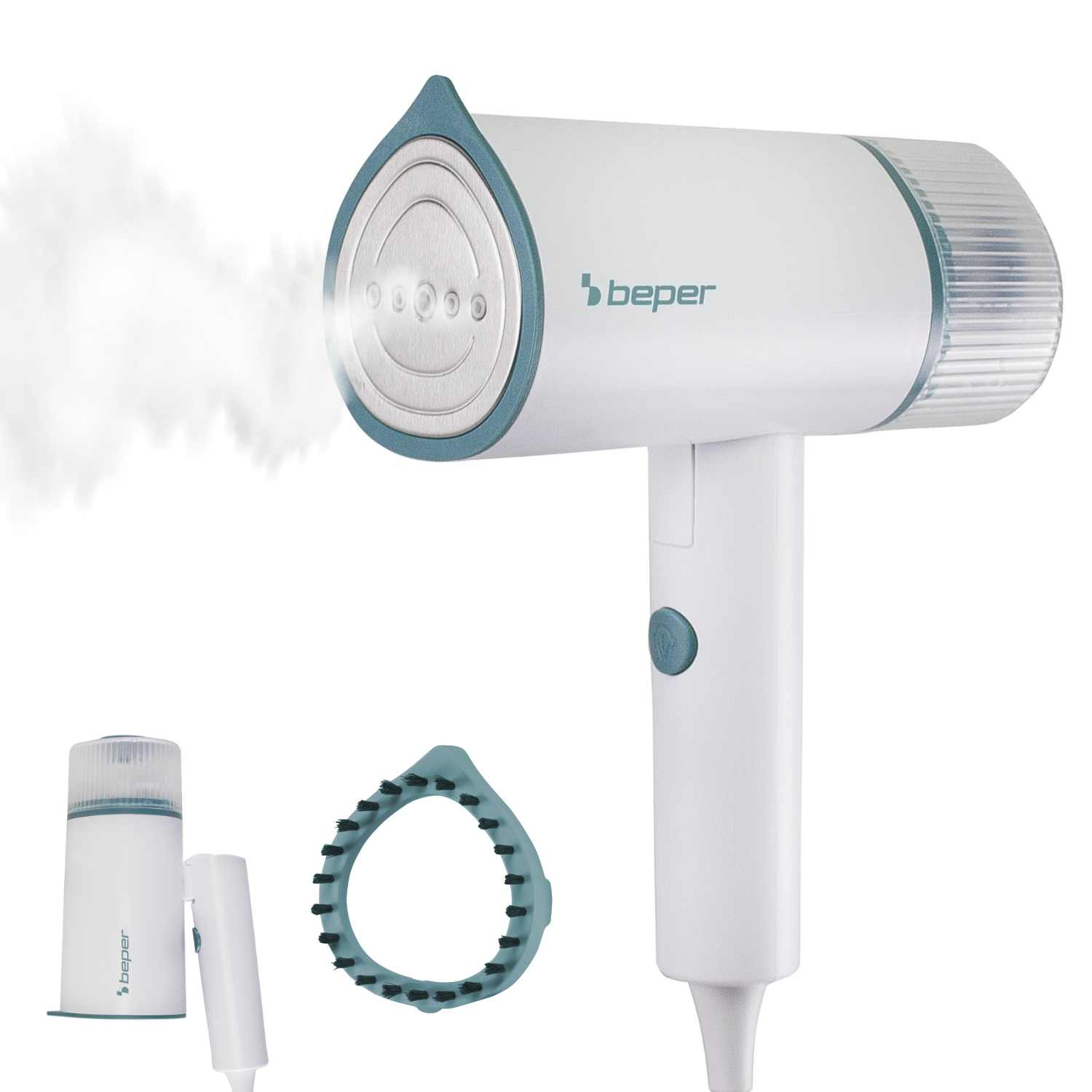Un vaporizzatore per indumenti Beper bianco e turchese. Viene emesso vapore. Gli accessori includono una testina a spazzola e un contenitore d'acqua.