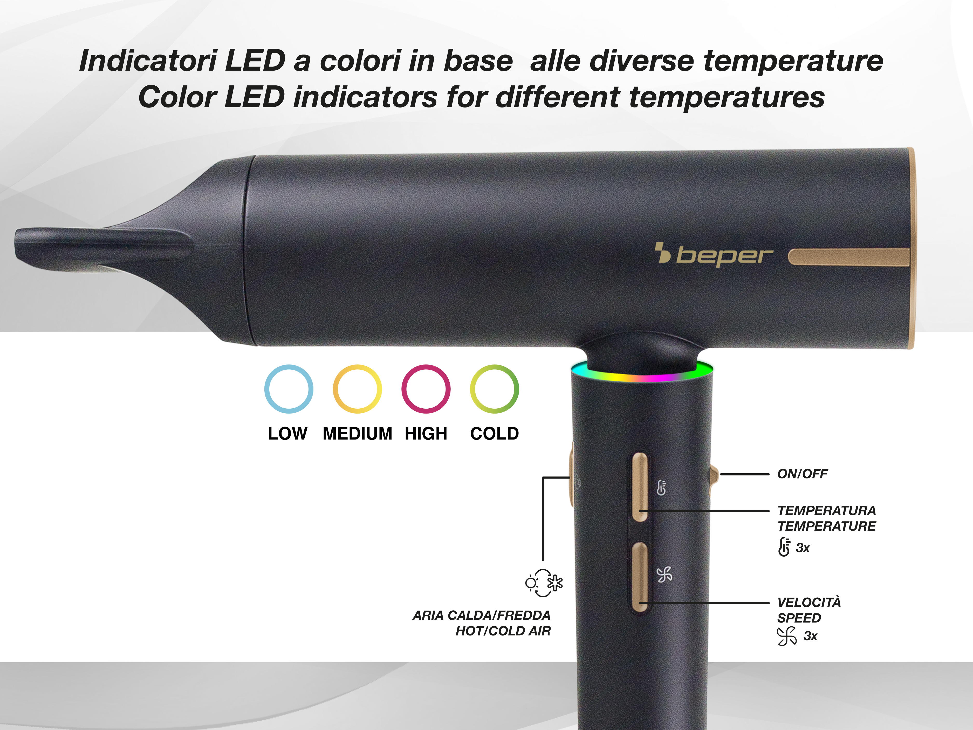 Asciugacapelli nero con indicatori di temperatura a colori. Pulsanti per velocità e calore. Marca Beper.
