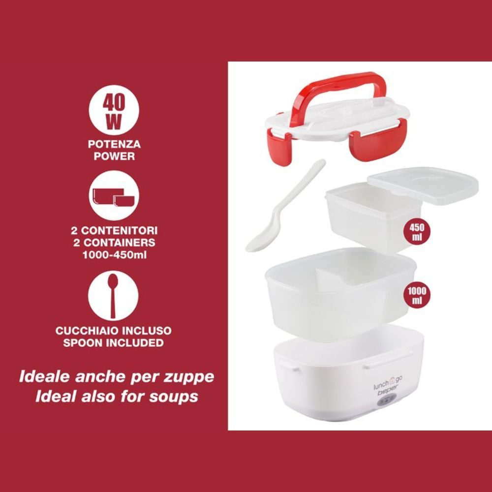 Un set di contenitori per il pranzo bianchi e rossi con un cucchiaio. Include 40W di potenza, due contenitori e una capacità di 1000-450ml. Ideale per zuppe.
