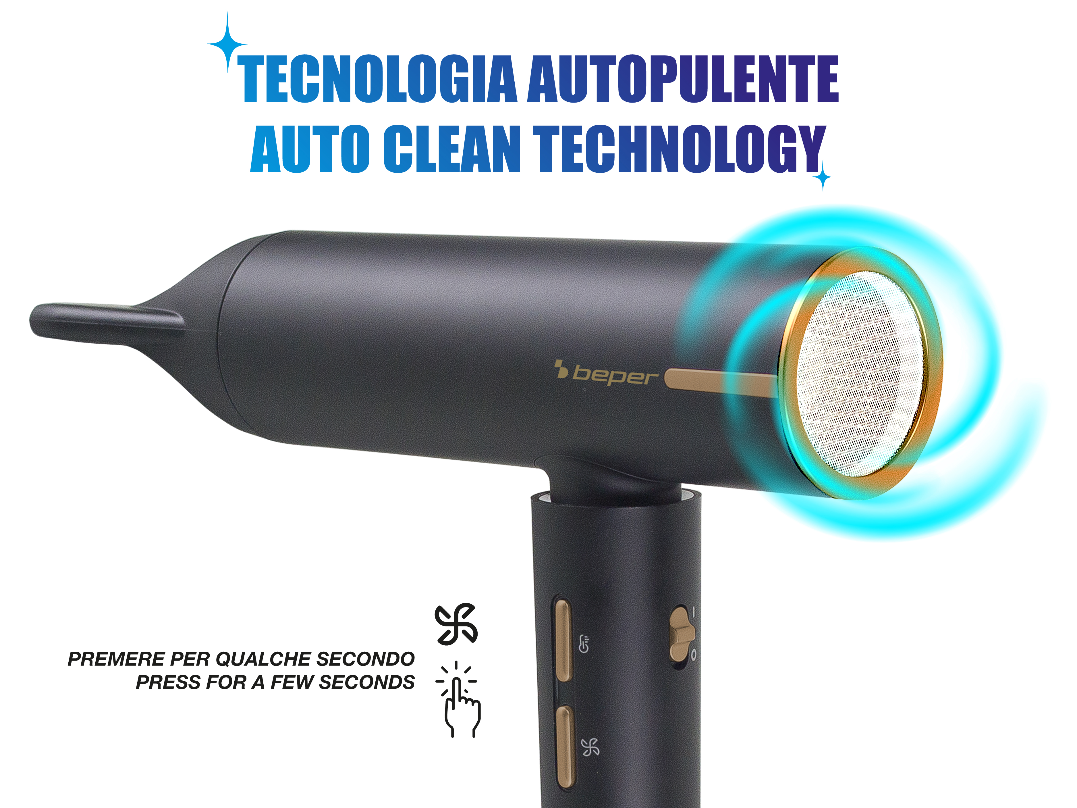 Un asciugacapelli nero con dettagli oro, il testo 'AUTO CLEAN TECHNOLOGY' è visibile.