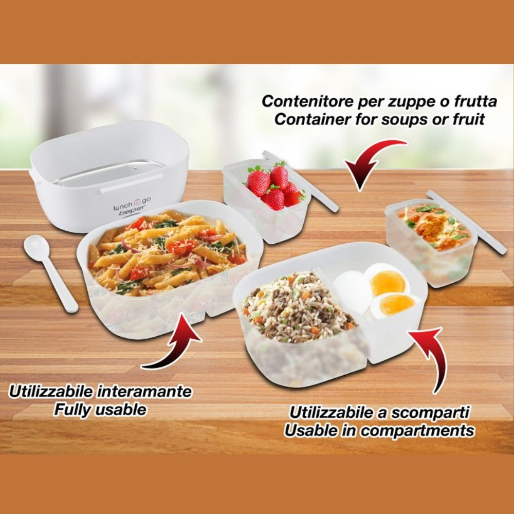 L'immagine mostra contenitori per il pranzo con cibo e frutta. Ci sono pasta, riso, uova e fragole. Il testo dice 'contenitore per zuppe o frutta'.