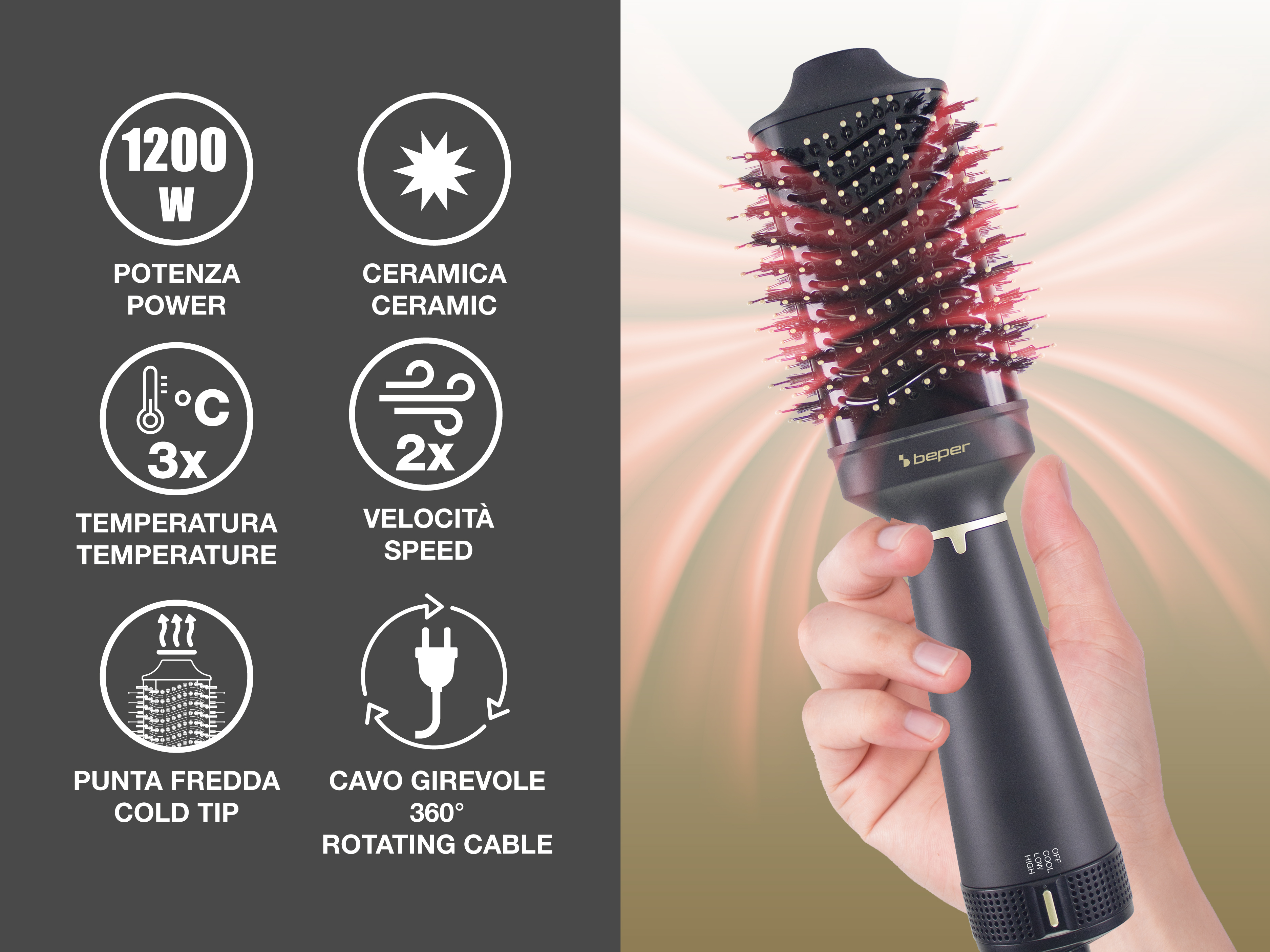 Una mano tiene una spazzola per capelli nera. Le icone con testo sul prodotto sono sullo sfondo.