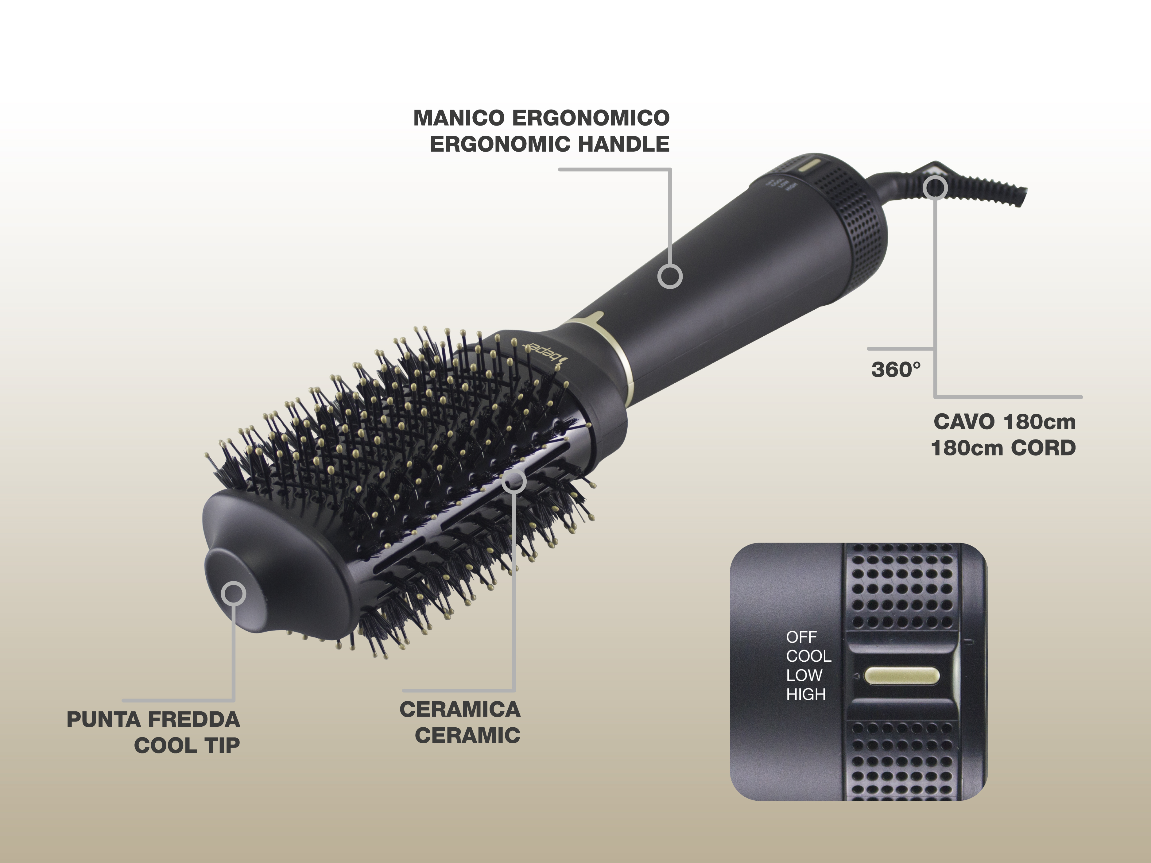 Spazzola asciugacapelli nera con setole in ceramica, pannello di controllo e manico ergonomico su sfondo marrone chiaro.