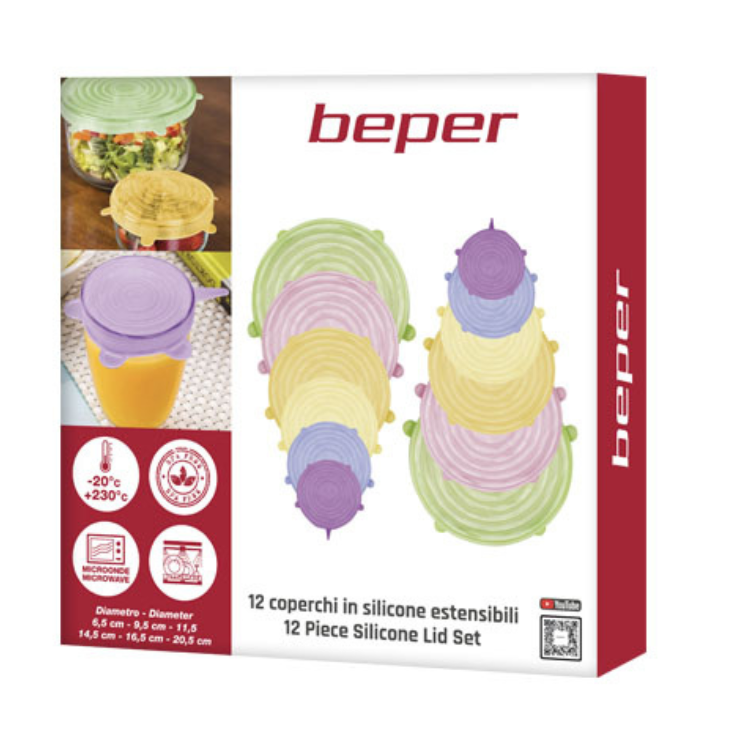 Una scatola di set di coperchi in silicone Beper da 12 pezzi. La scatola mostra coperchi e immagini di coperchi che coprono cibi e bevande.