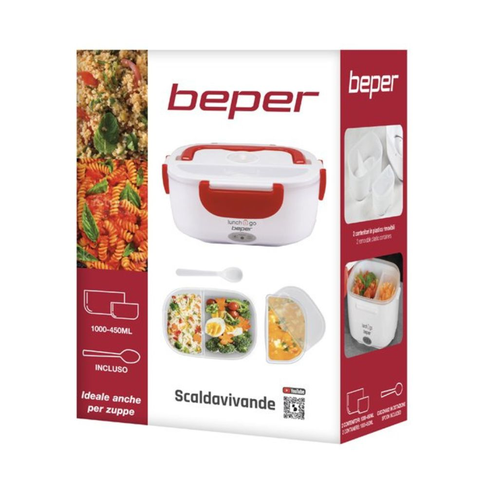 Un contenitore termico bianco e rosso. Contiene immagini di cibo, contenitori e un cucchiaio. Il marchio è 'beper'.