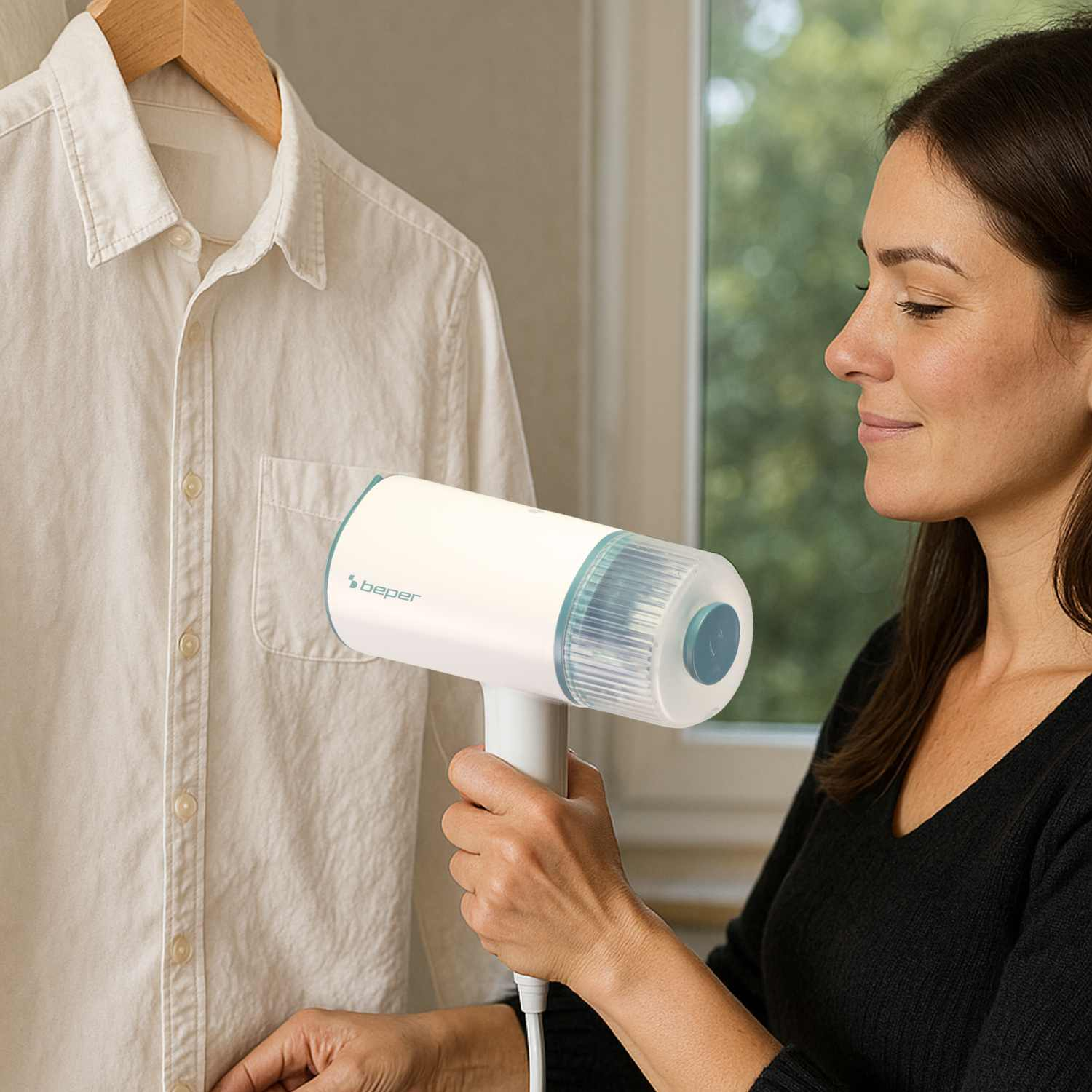 Una donna stira una camicia bianca con un vaporizzatore portatile. La camicia è appesa a una gruccia di legno. C'è una finestra sullo sfondo.
