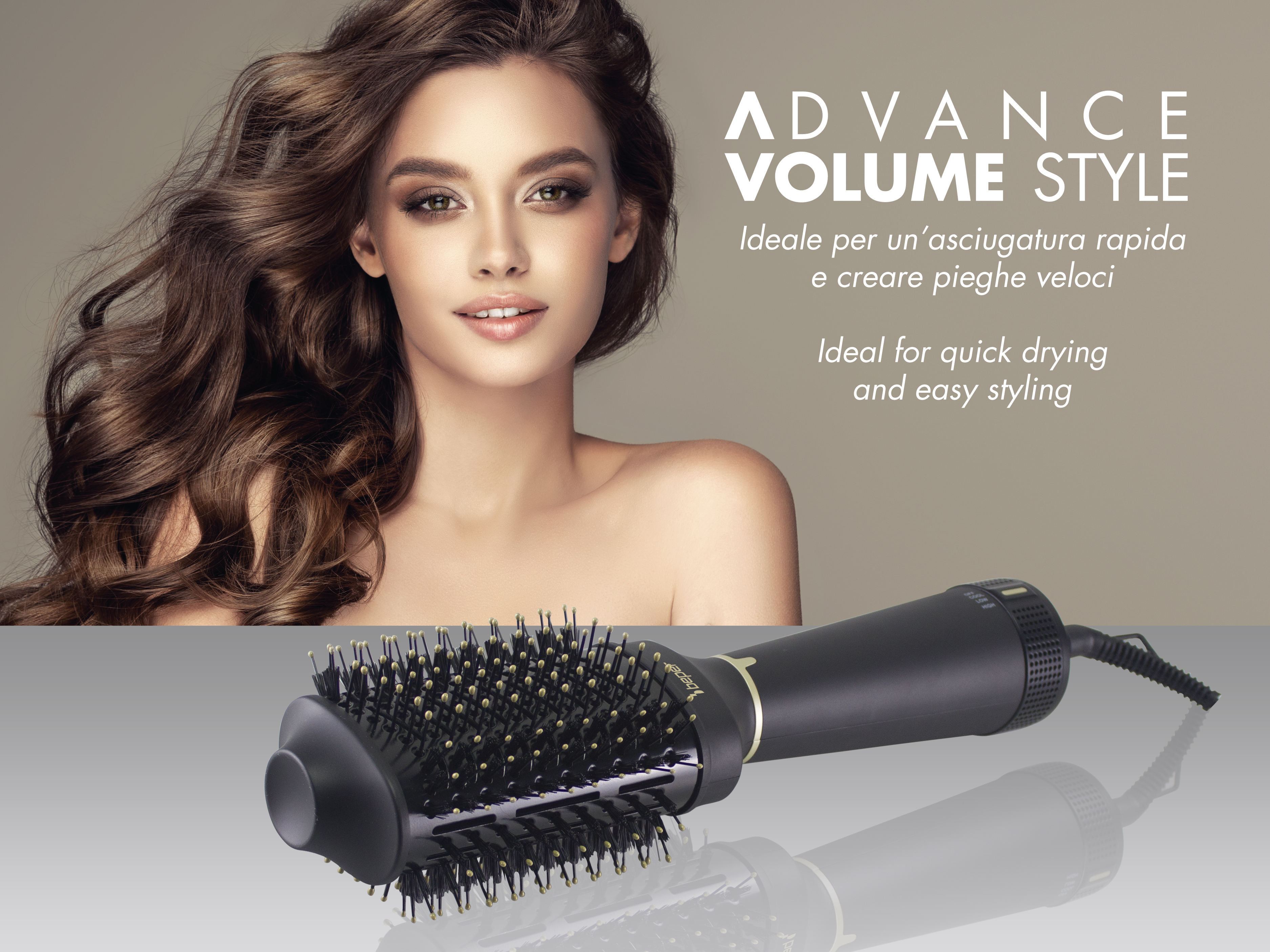 Donna con capelli castani, uno styler nero in primo piano, testo sullo styling.