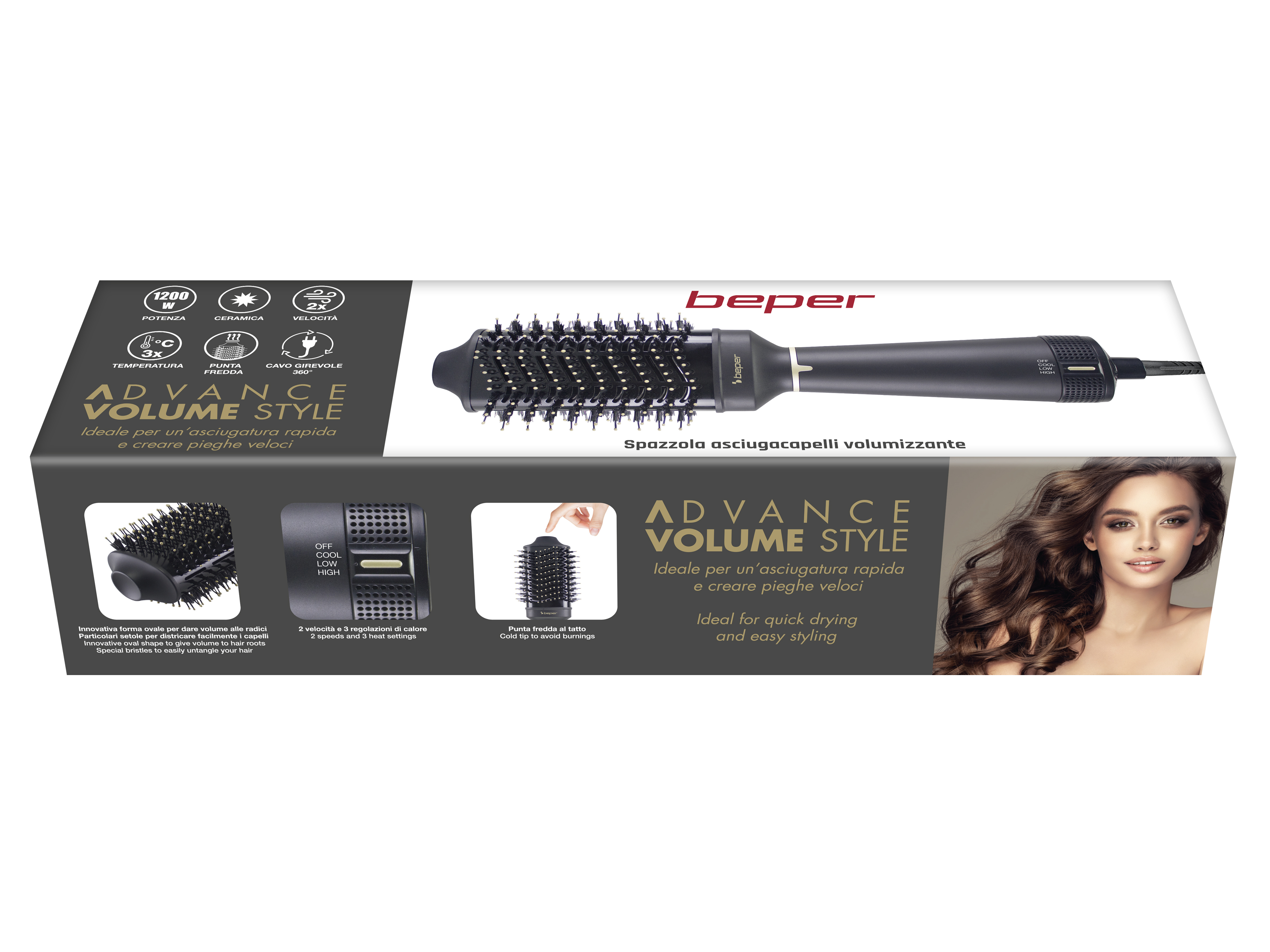 Scatola di strumenti per lo styling dei capelli con testo e immagine del prodotto. Donna con capelli acconciati a destra.