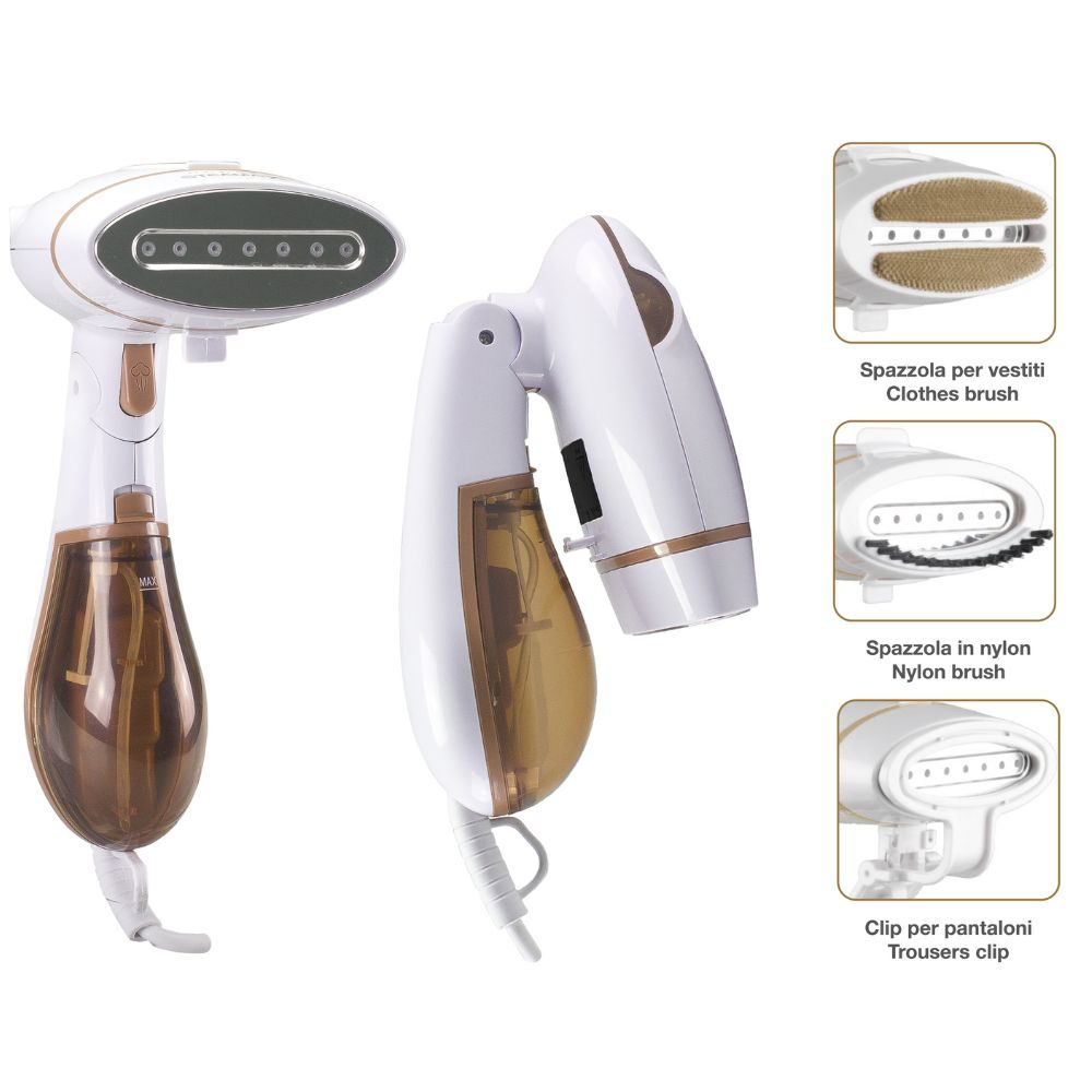 Vaporizzatore per vestiti bianco e marrone con vari accessori. Include spazzola, spazzola in nylon e clip per pantaloni. Vengono mostrate diverse viste.