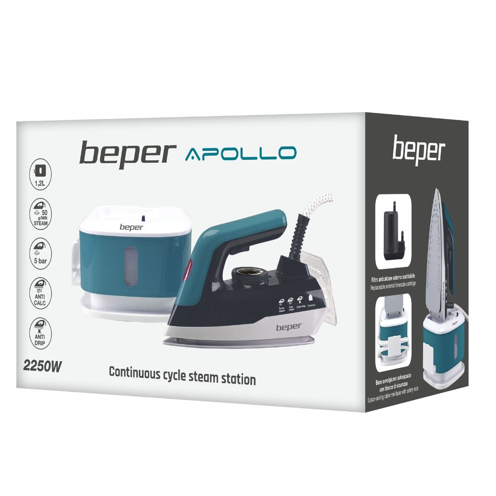 Una stazione da stiro a vapore Beper Apollo. Ha un design blu e bianco, con serbatoio dell'acqua e ferro da stiro. Il testo recita 'Continuous cycle steam station'.
