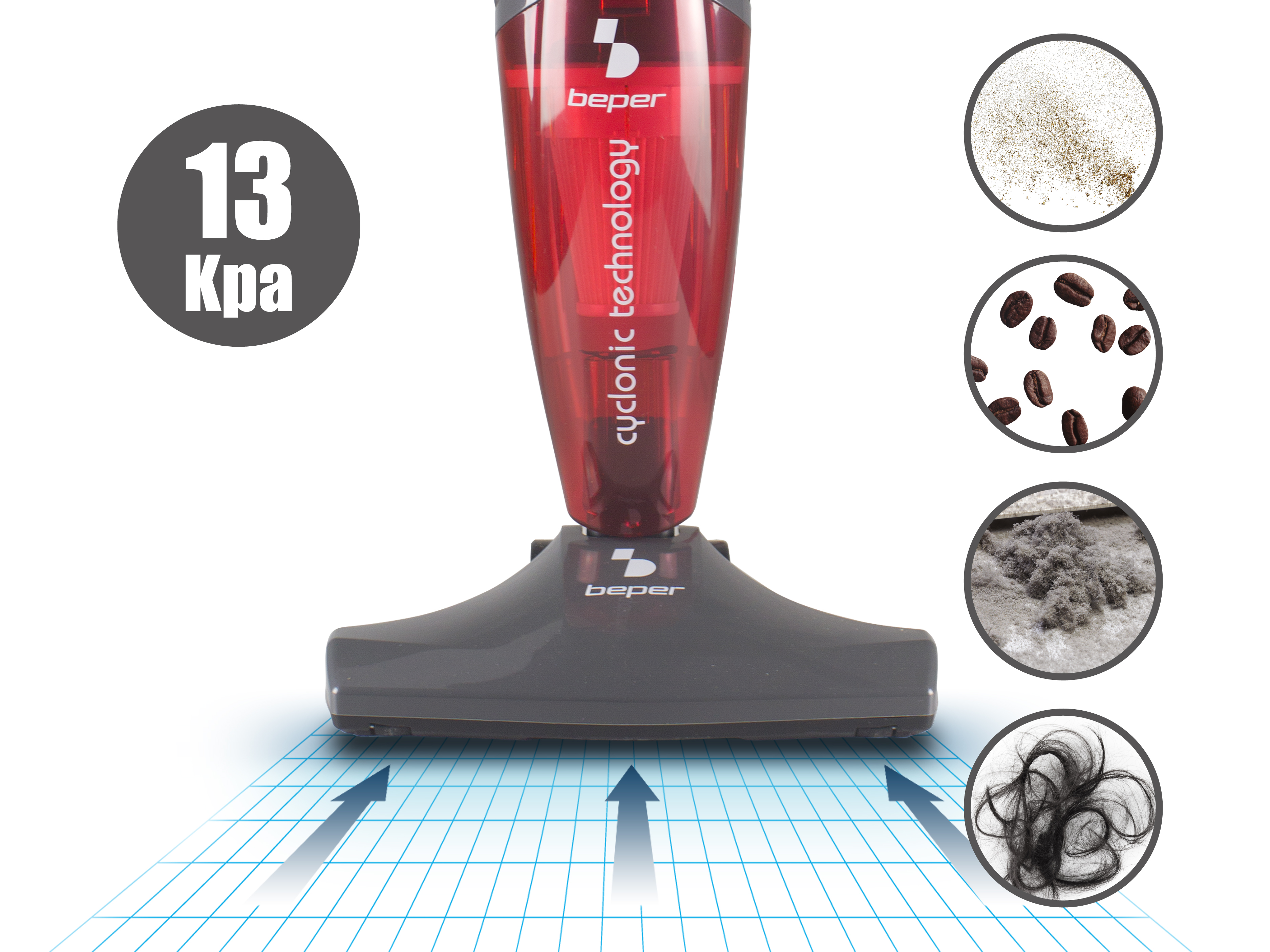 Aspirapolvere Beper rosso e nero con testo 13 Kpa. Vengono mostrati campioni di sporco, chicchi di caffè, polvere e capelli.