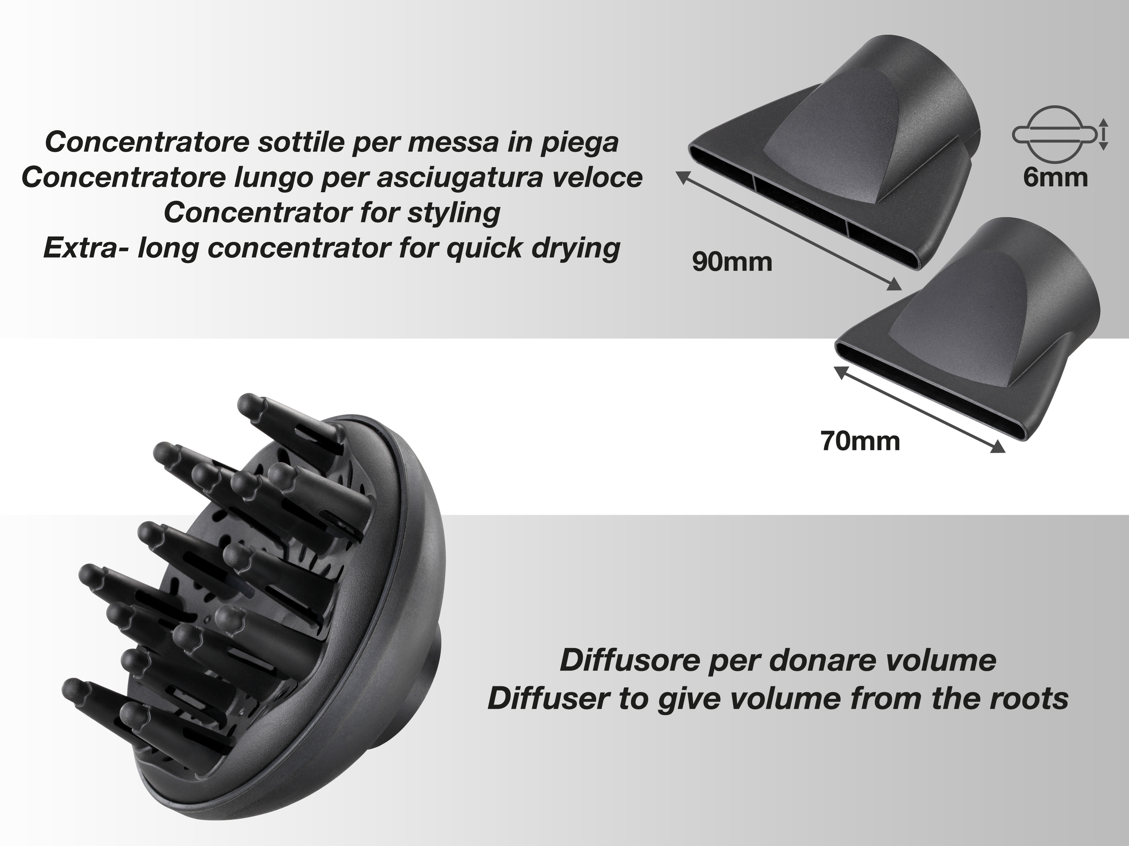 L'immagine mostra accessori per asciugacapelli. Sono visibili due concentratori e un diffusore, con dimensioni.