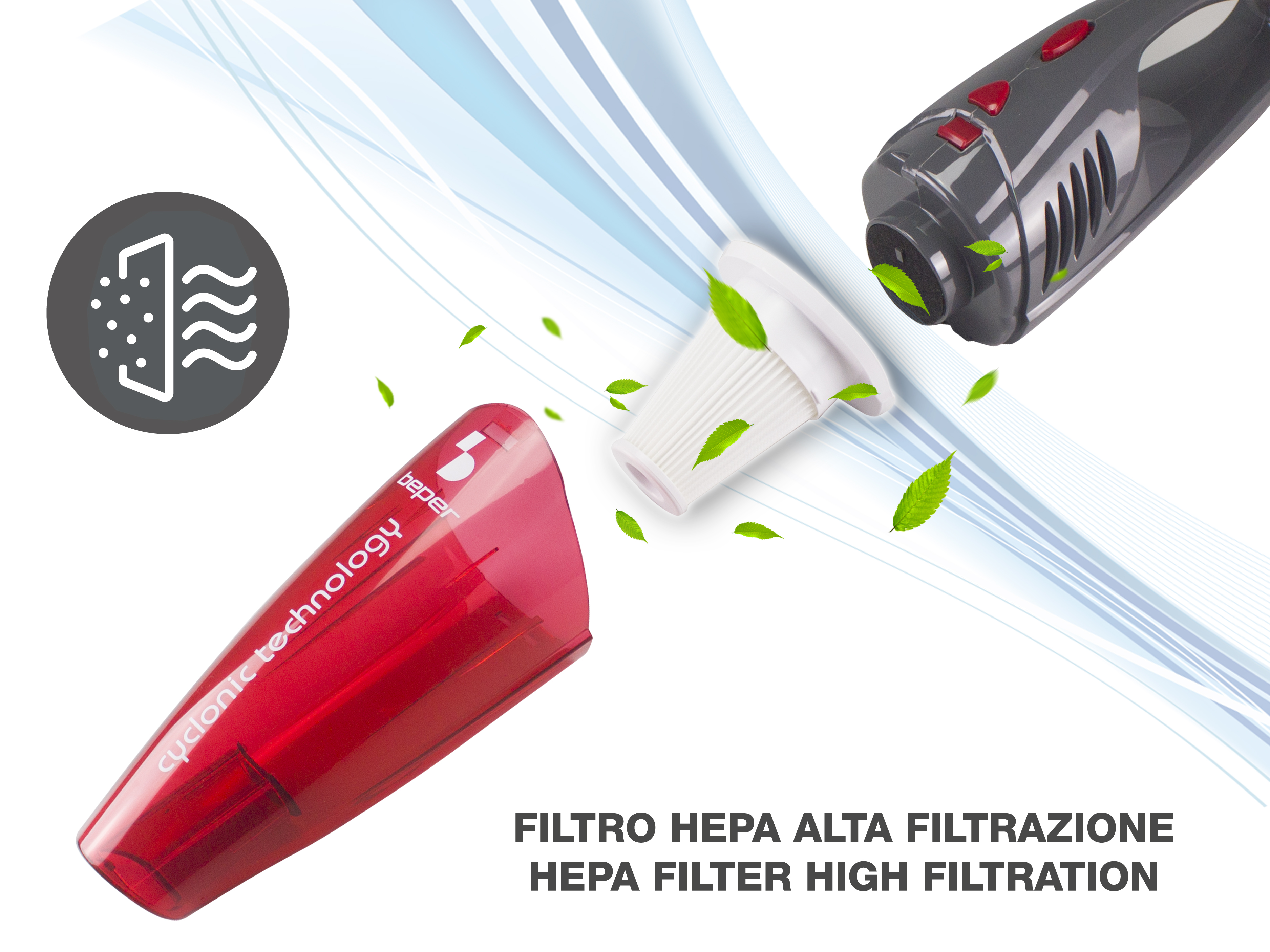 Immagine di un aspirapolvere con parte rossa, filtro e foglie verdi, con testo in italiano e inglese sotto.