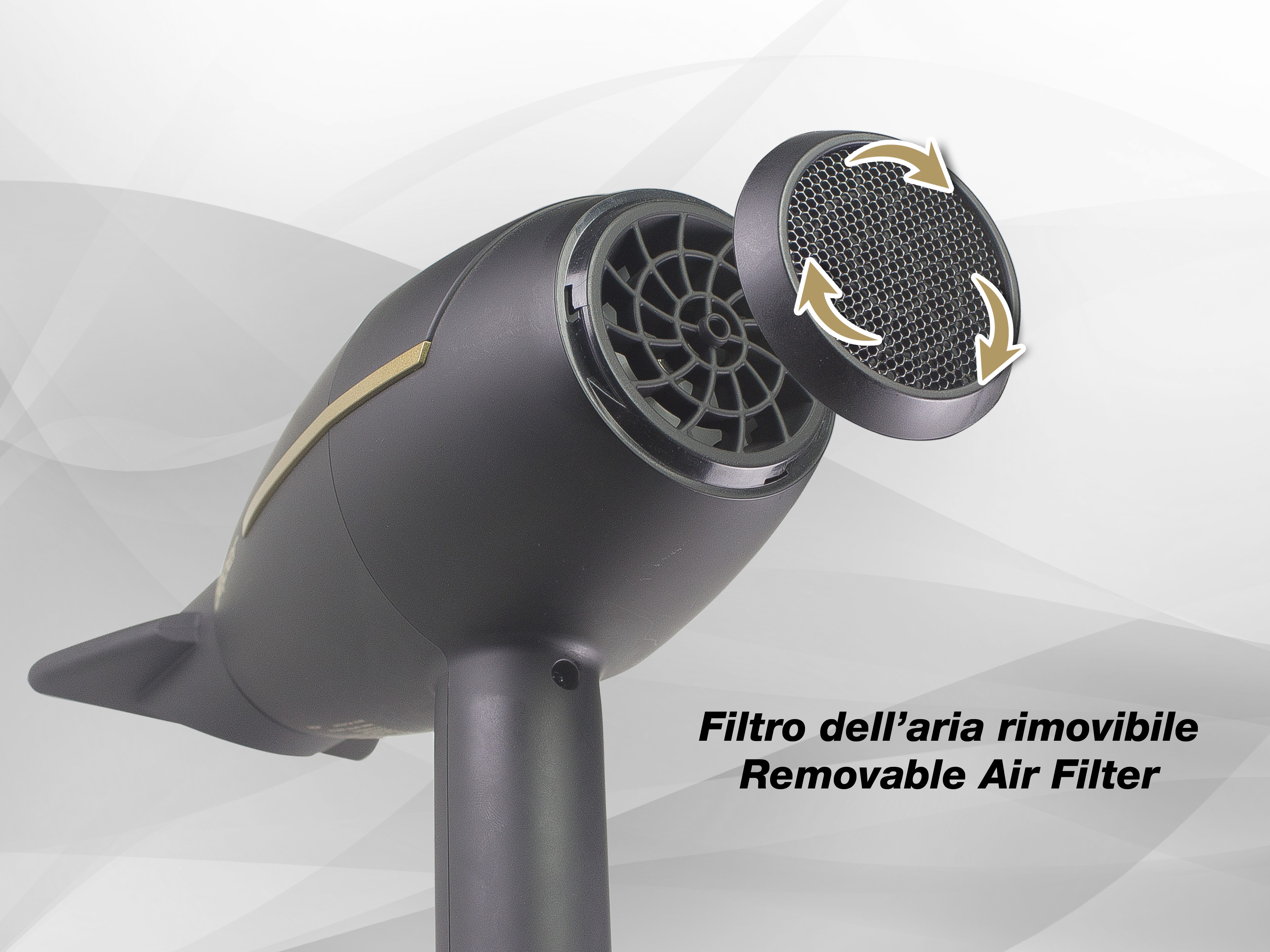 Un asciugacapelli nero con filtro dell'aria rimovibile. Il filtro viene rimosso, con frecce direzionali.