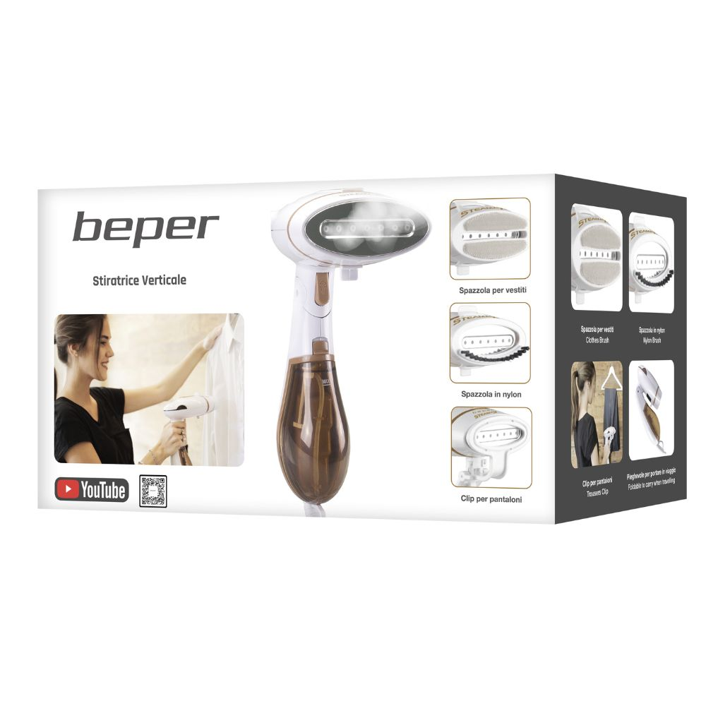 L'immagine mostra una donna che utilizza un vaporizzatore verticale. Sono inoltre visualizzati dettagli del prodotto e accessori con testo italiano.