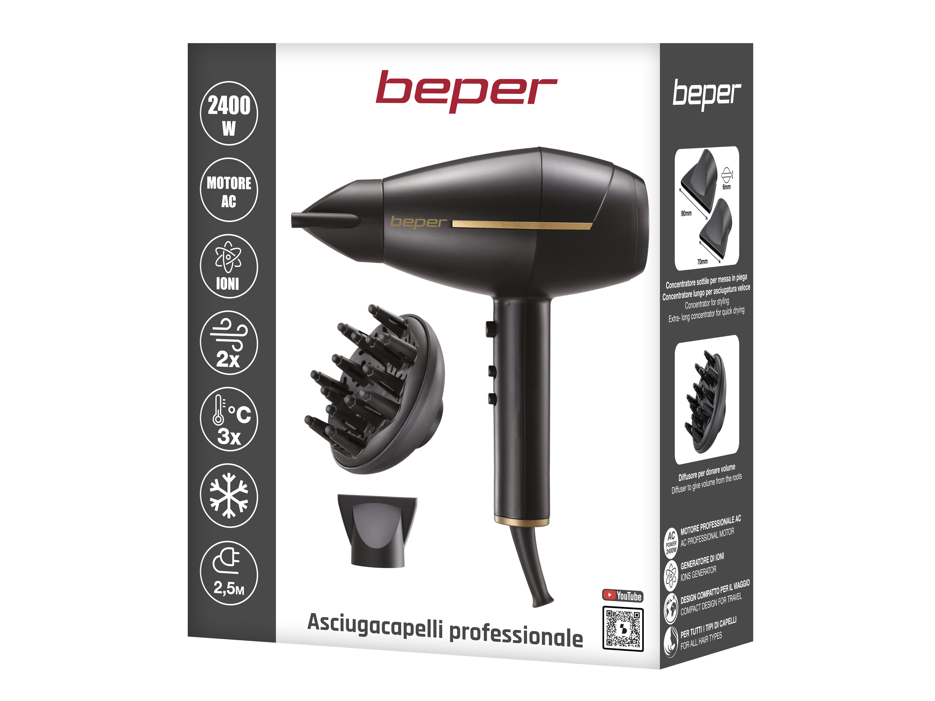 Un asciugacapelli Beper nero con accessori. Ha un ugello lungo, un diffusore e un'impugnatura con pulsanti.