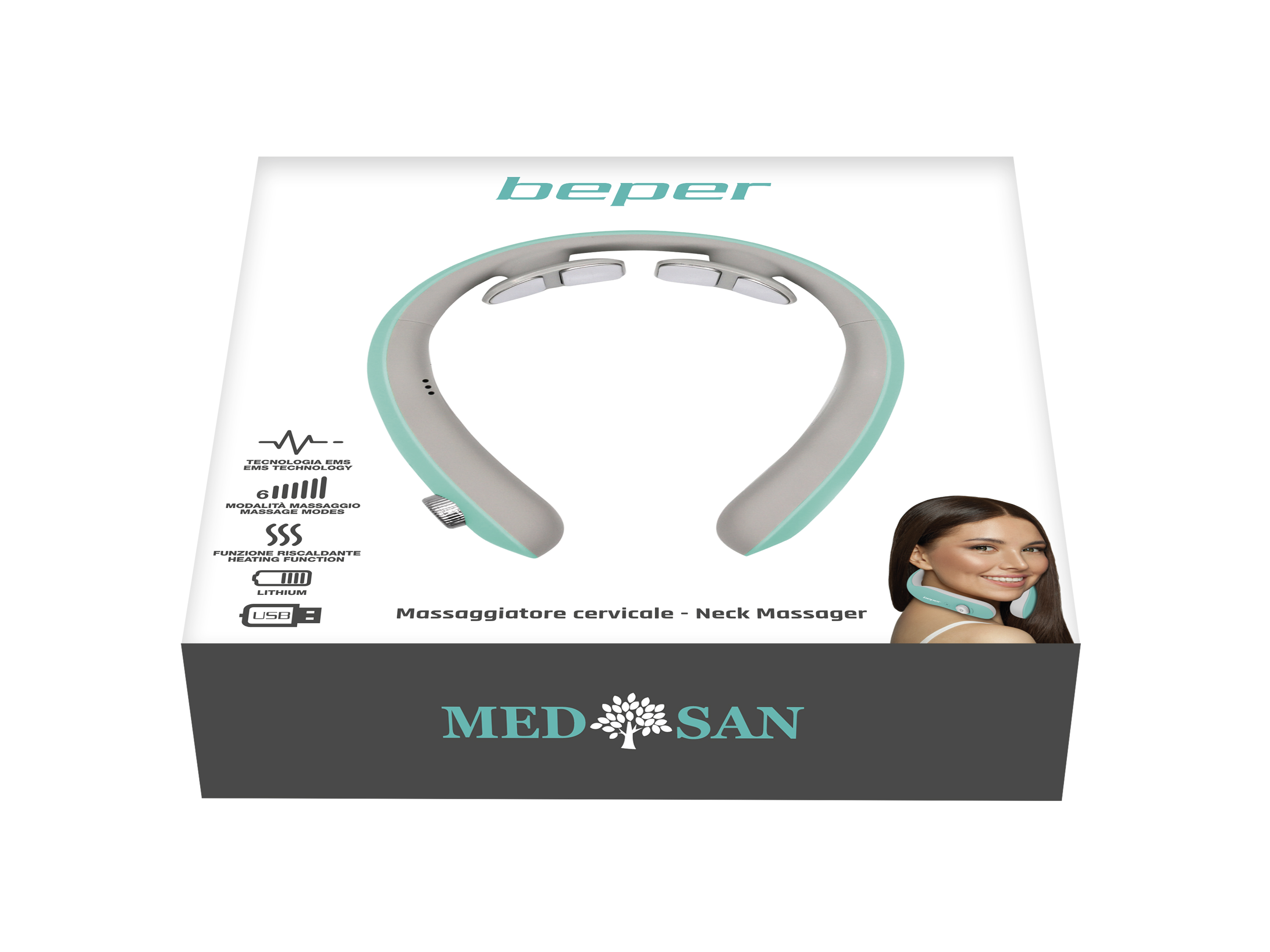 Scatola del prodotto massaggiatore cervicale con una donna che indossa il dispositivo. Il testo include 'beper', 'MED SAN' e i dettagli della funzione.
