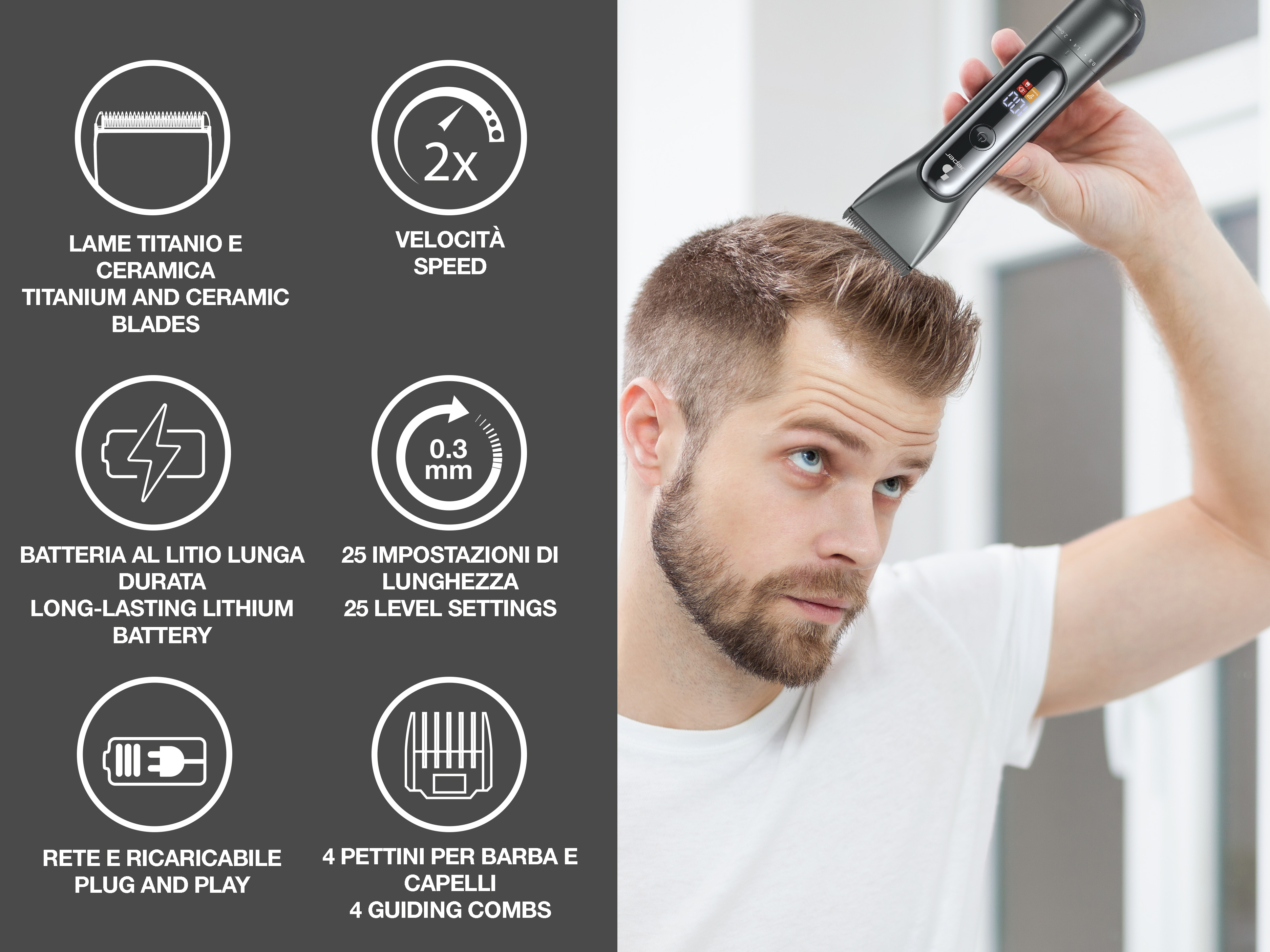 Uomo che usa un trimmer sui suoi capelli. Il trimmer è nero. Informazioni sul prodotto a sinistra.