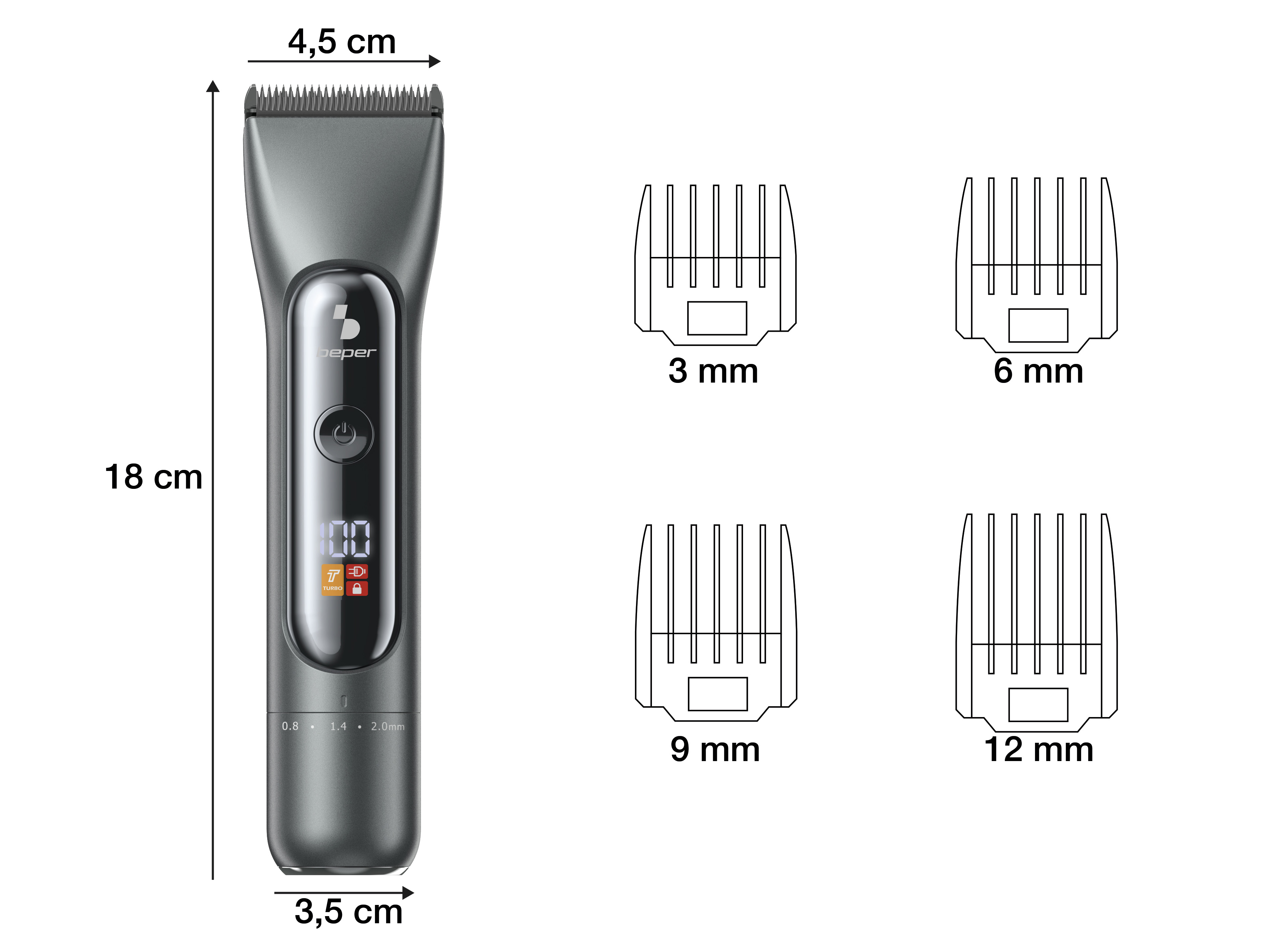 Tosatrice elettrica con dimensioni. Sono presenti quattro pettini (3, 6, 9, 12 mm). La tosatrice ha un display digitale.