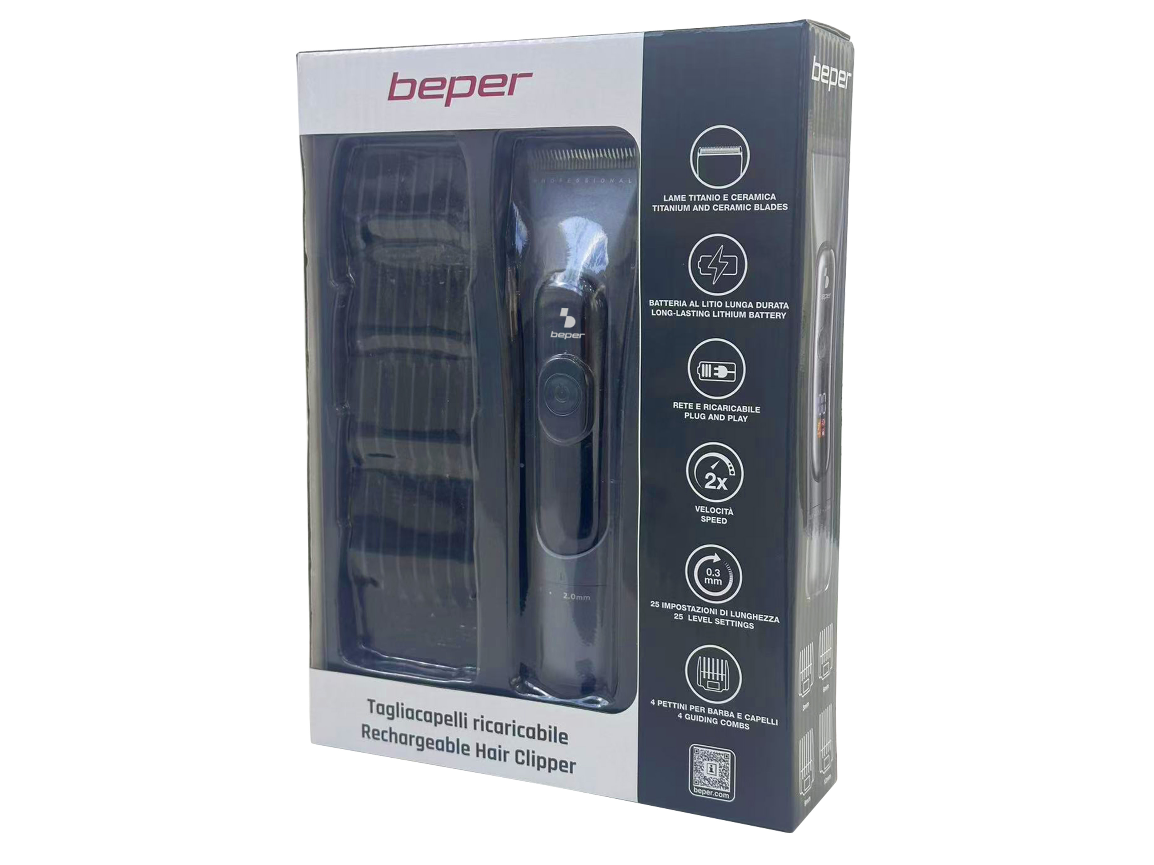 Una scatola con un tagliacapelli nero. Ha una batteria al litio e lame in titanio.