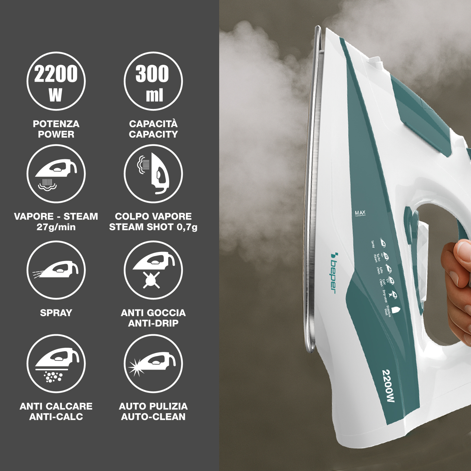 Un ferro da stiro bianco e verde acqua con vapore. Icone mostrano potenza, capacità, funzioni vapore. Mano che tiene il ferro. Testo 2200W.