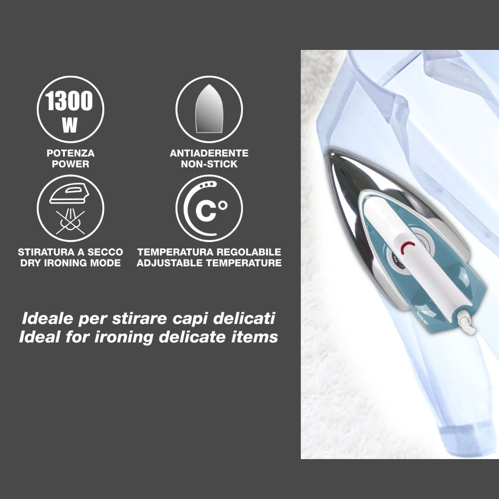 Un ferro da stiro che stira una camicia azzurra. Il testo include '1300W', 'Antiaderente', 'Modalità stiro a secco' e 'Temperatura regolabile'.