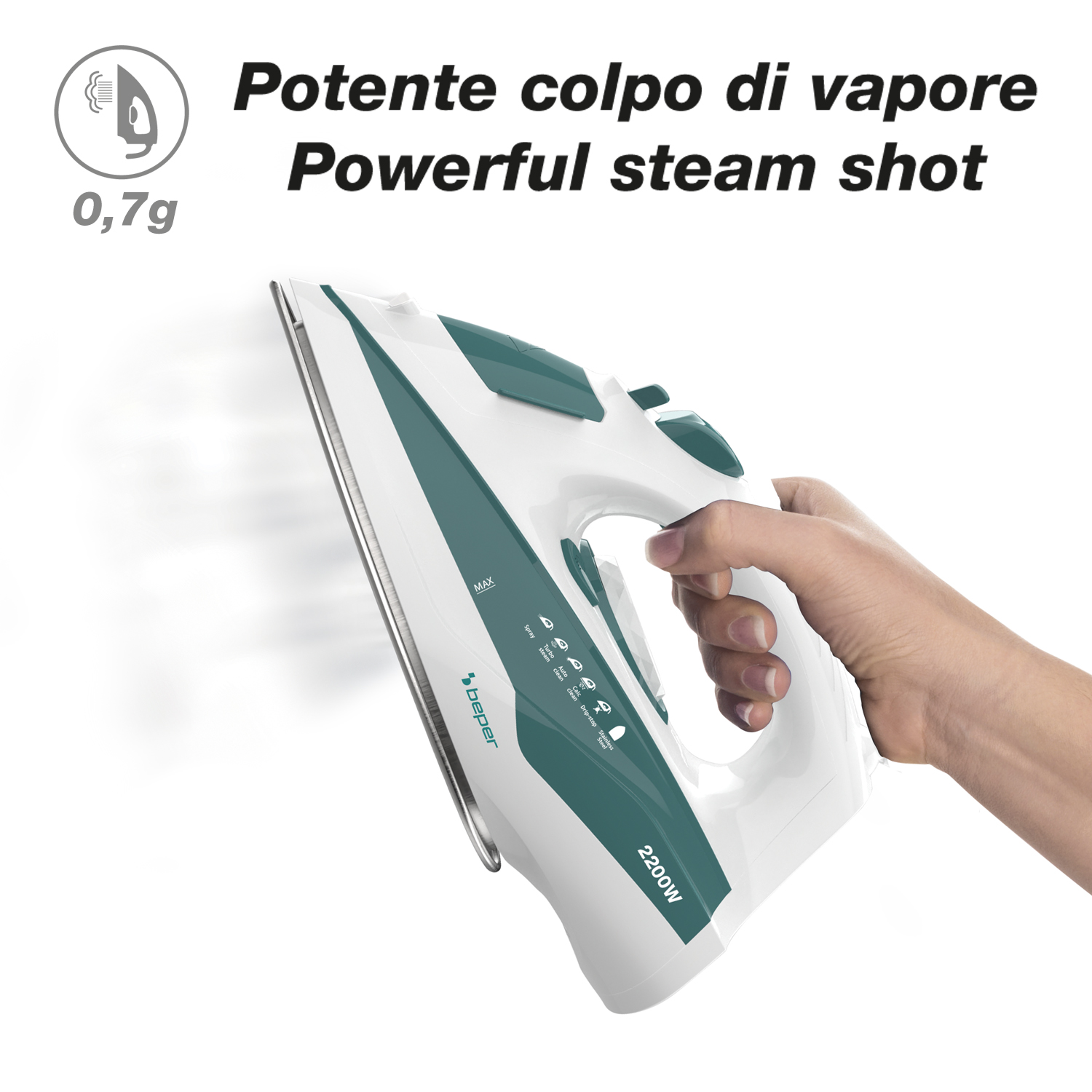 Un ferro da stiro bianco e verde acqua è tenuto in mano. Il testo recita 'Potente colpo di vapore' e 'Powerful steam shot'.