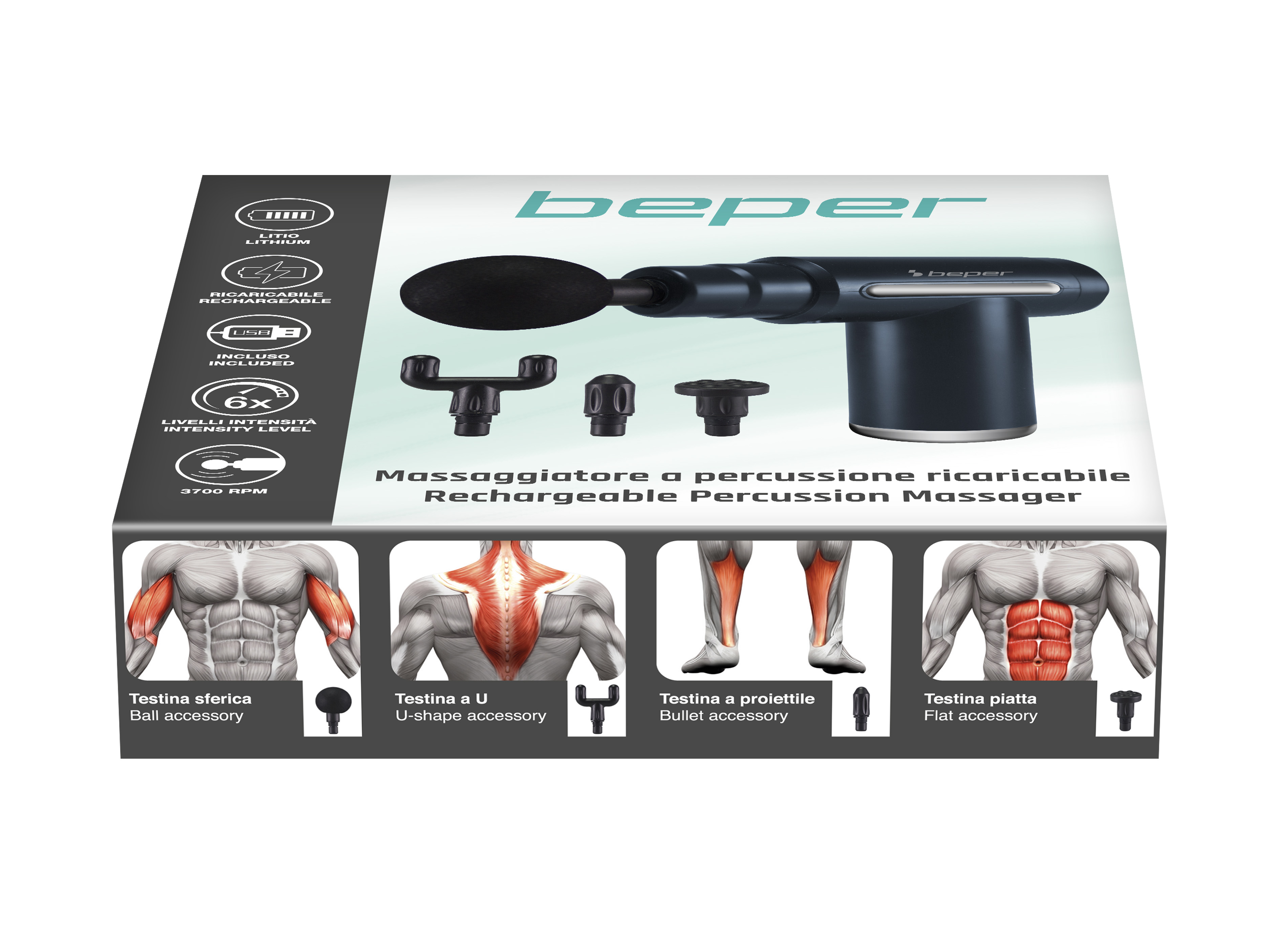 Un massaggiatore a percussione Beper nero e blu e accessori su sfondo bianco, con diagrammi di anatomia umana.