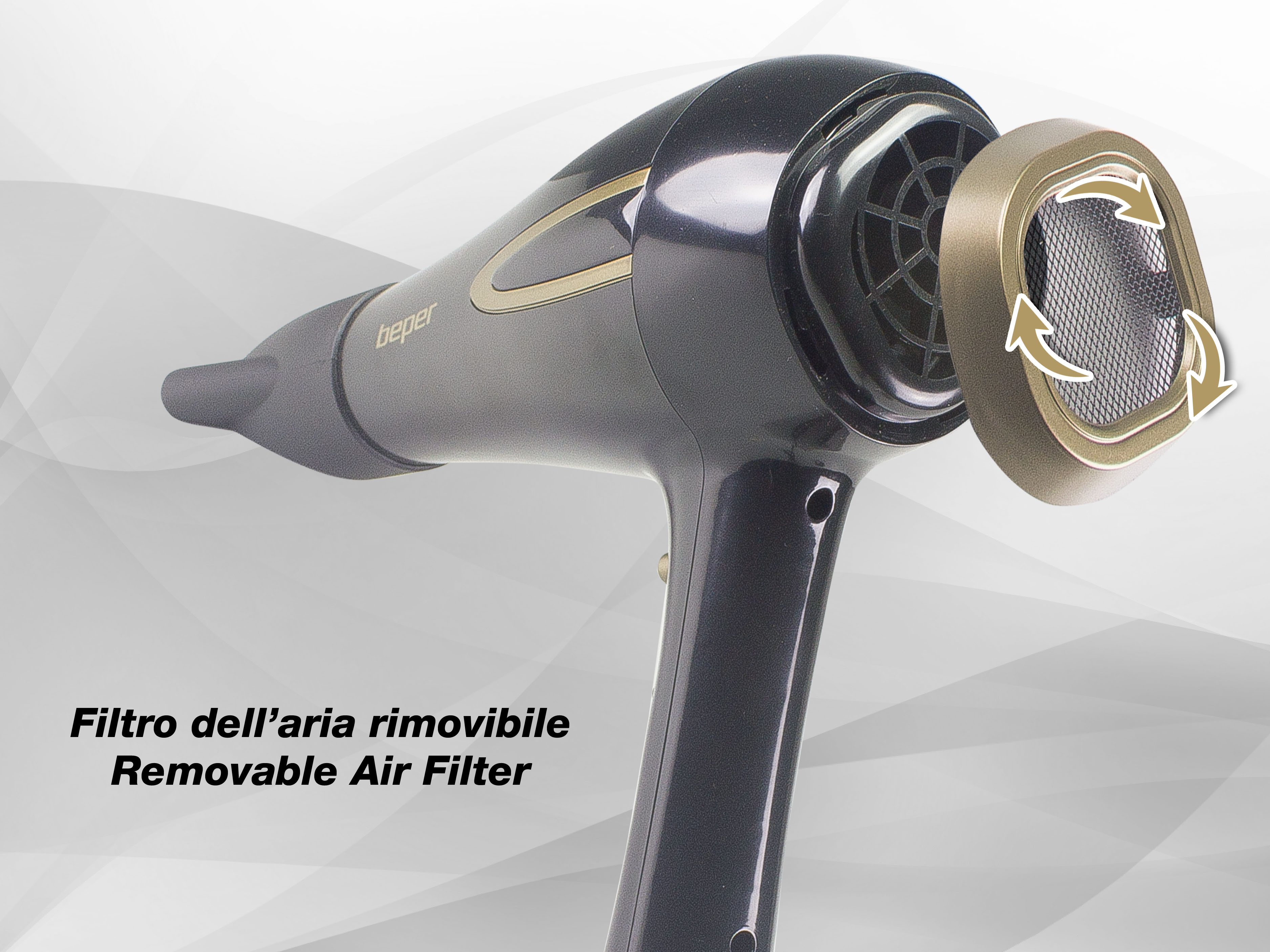 Un asciugacapelli nero e oro con filtro dell'aria rimovibile. Il filtro ha frecce che indicano la rimozione.