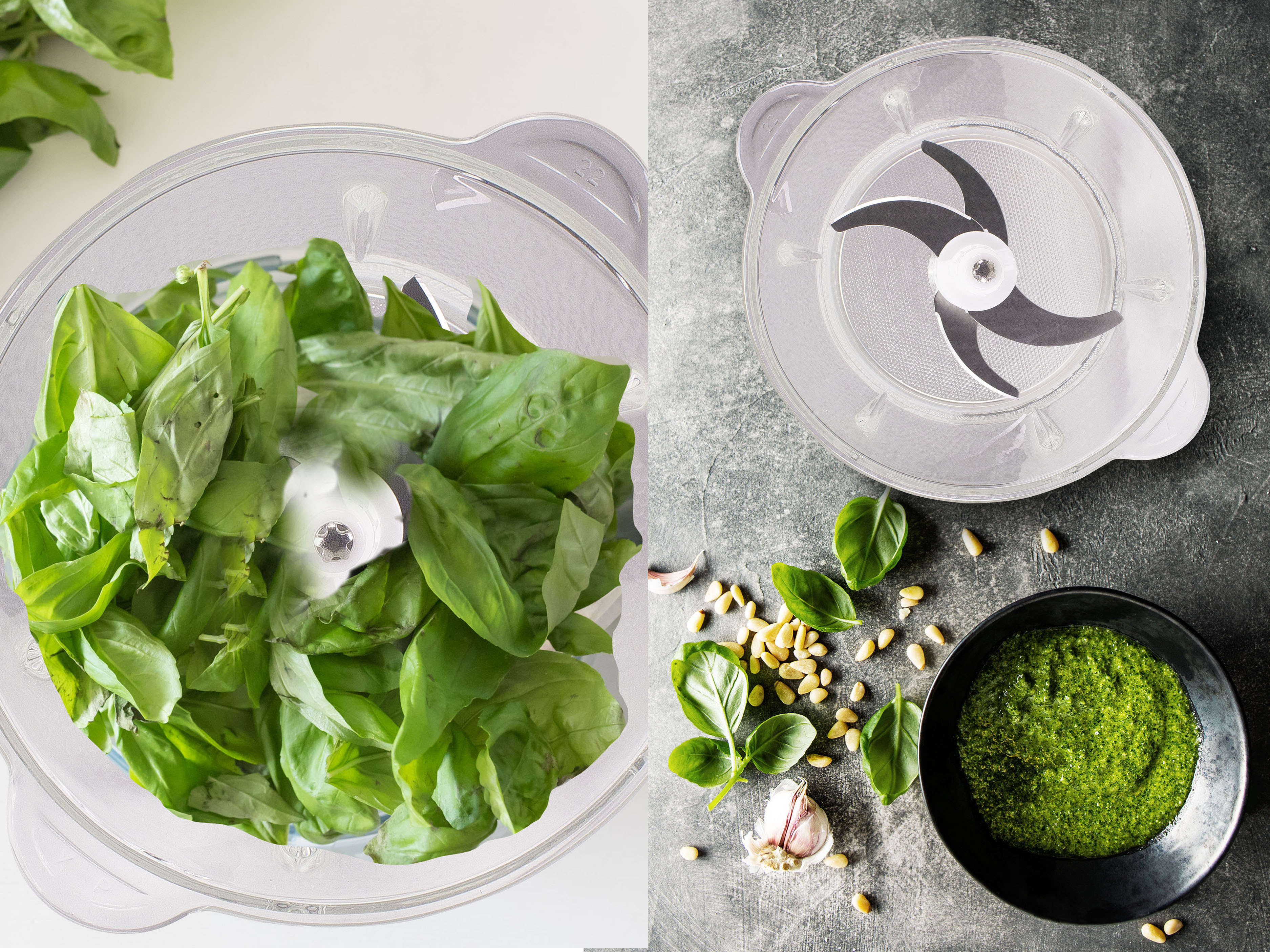 Un robot da cucina con foglie di basilico. Gli ingredienti includono pesto, pinoli, aglio e altro basilico.