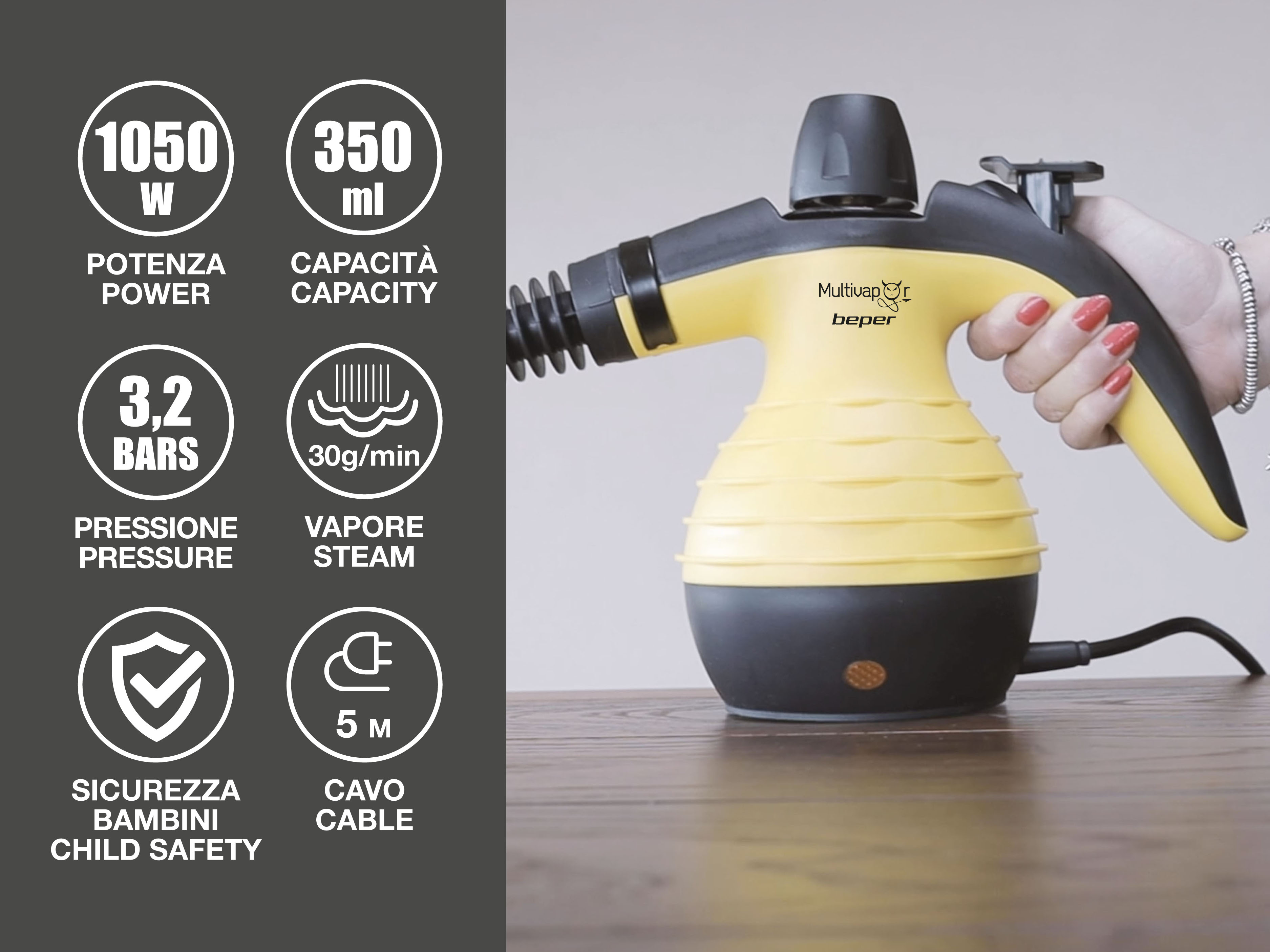 Żółto-czarny parownik trzymany przez osobę z czerwonym lakierem do paznokci, z ikonami informacyjnymi po lewej.