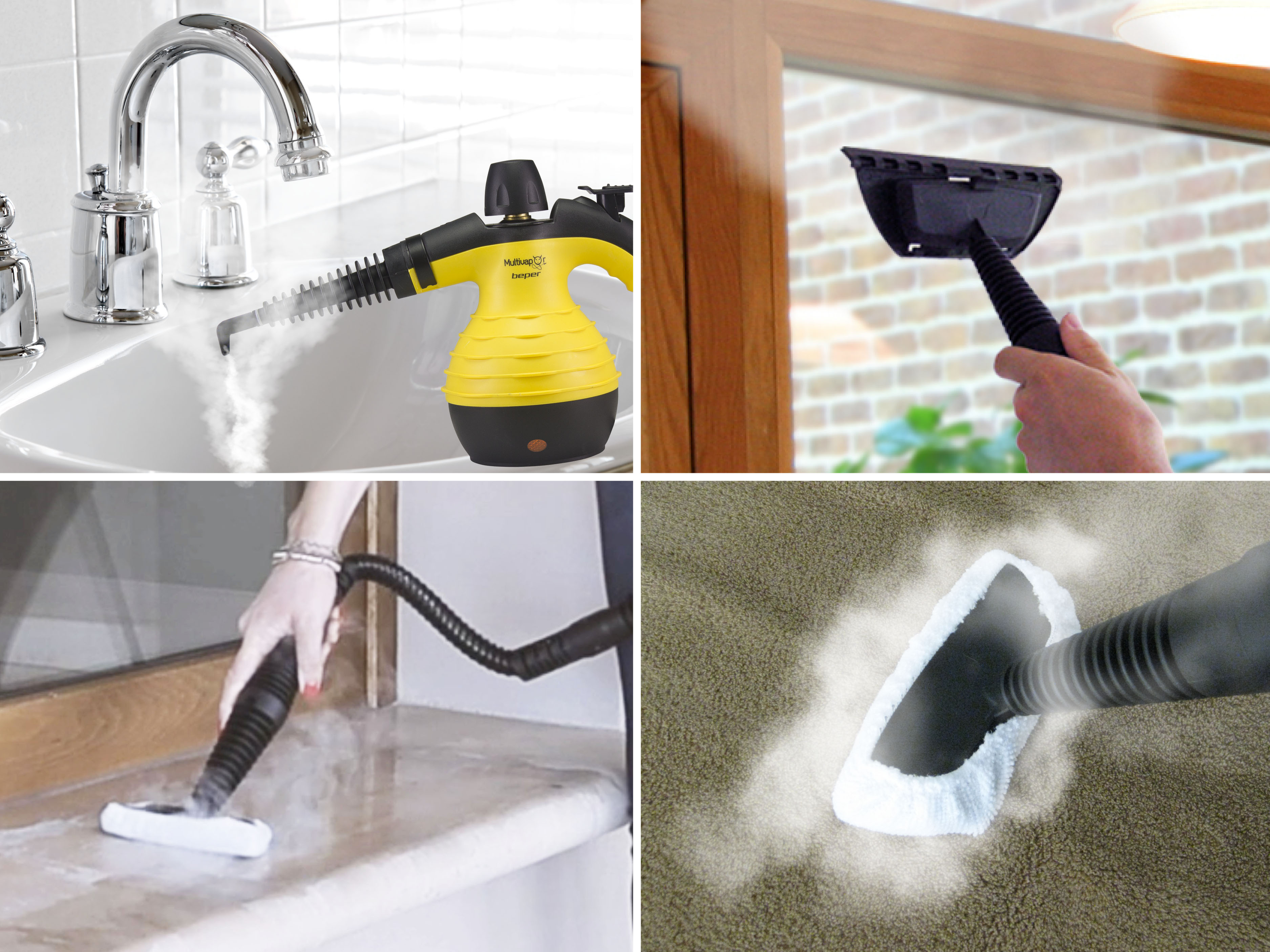 Oczyszczacz parowy w użyciu na różnych powierzchniach: zlewozmywak, okno, blat i dywan. Para jest widoczna.