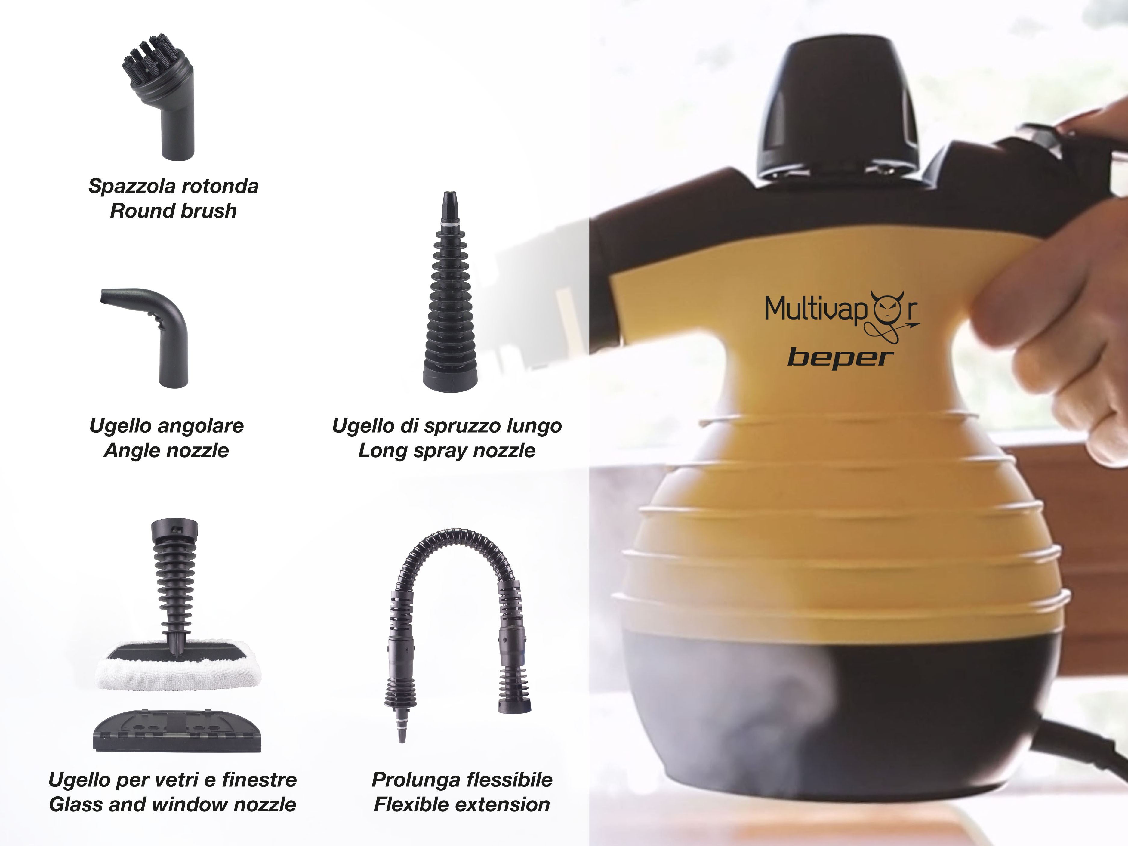 Odkurzacz parowy z kilkoma nasadkami. Główny korpus jest żółto-czarny. Wyświetlane są różne dysze.