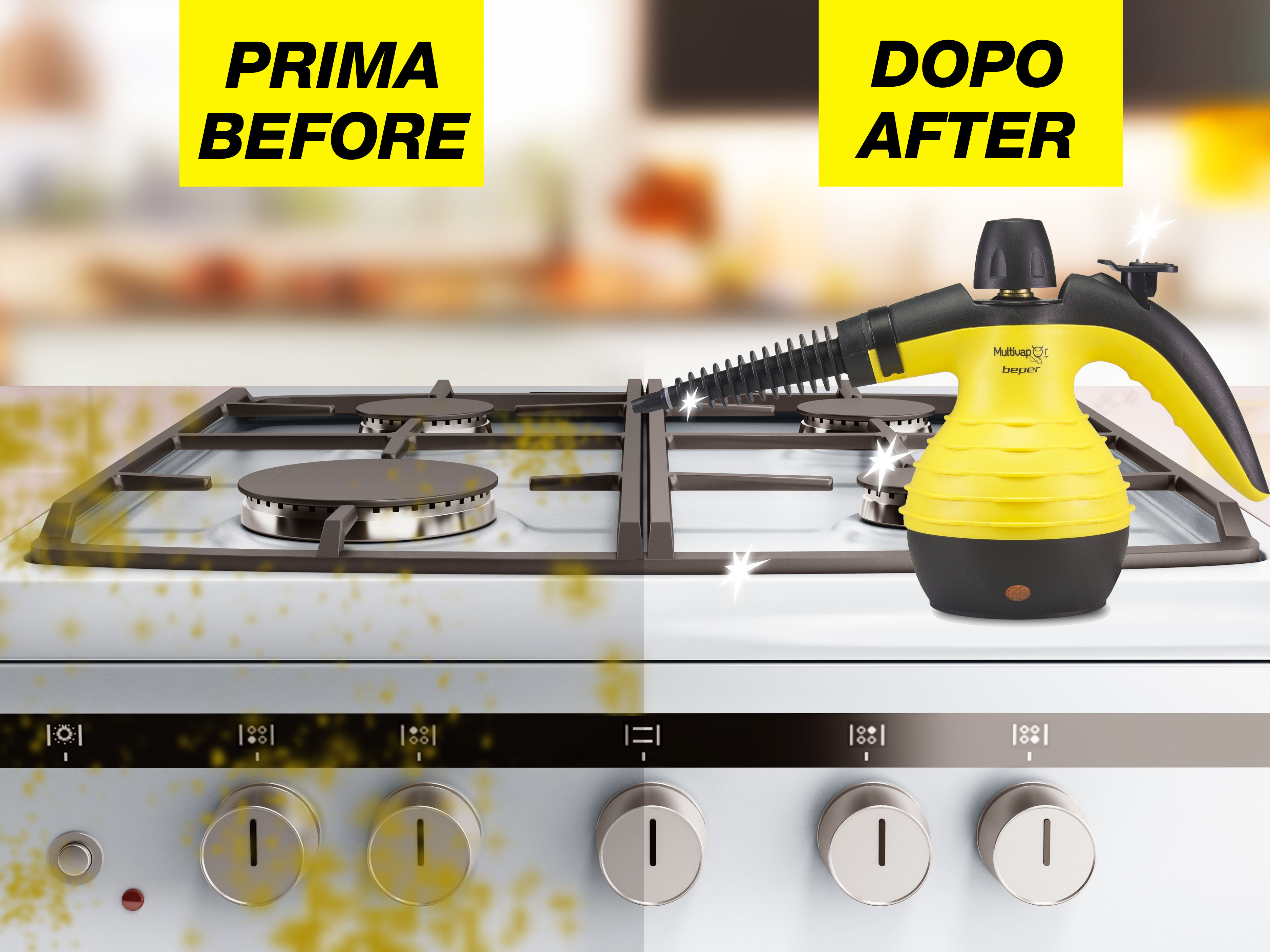 Brudna płyta kuchenna jest czyszczona żółto-czarnym parownikiem, pokazując efekt przed i po.