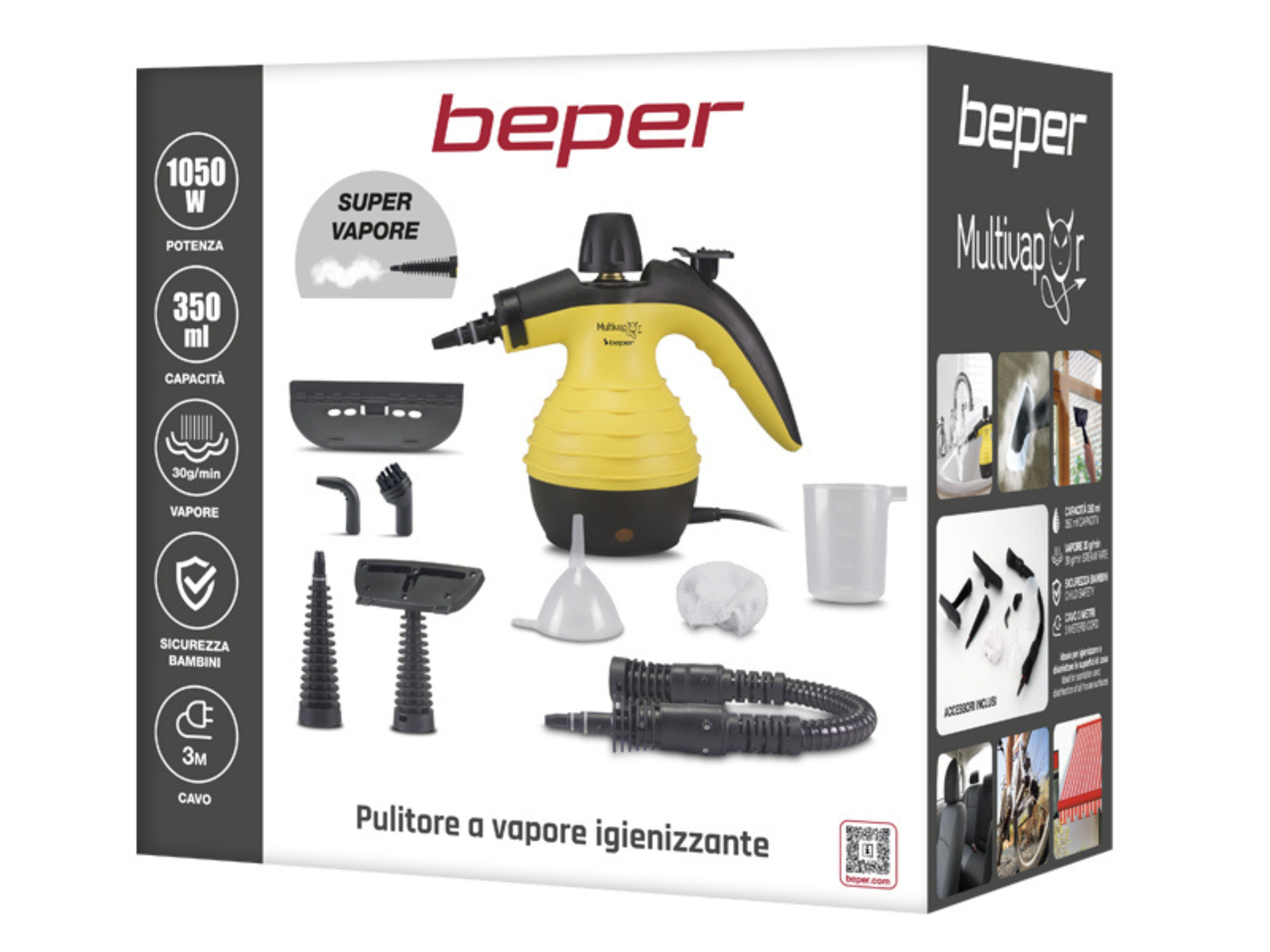 Pudełko żółto-czarnego parownika z akcesoriami. Napis: Beper, Super Vapore, Multivapor.