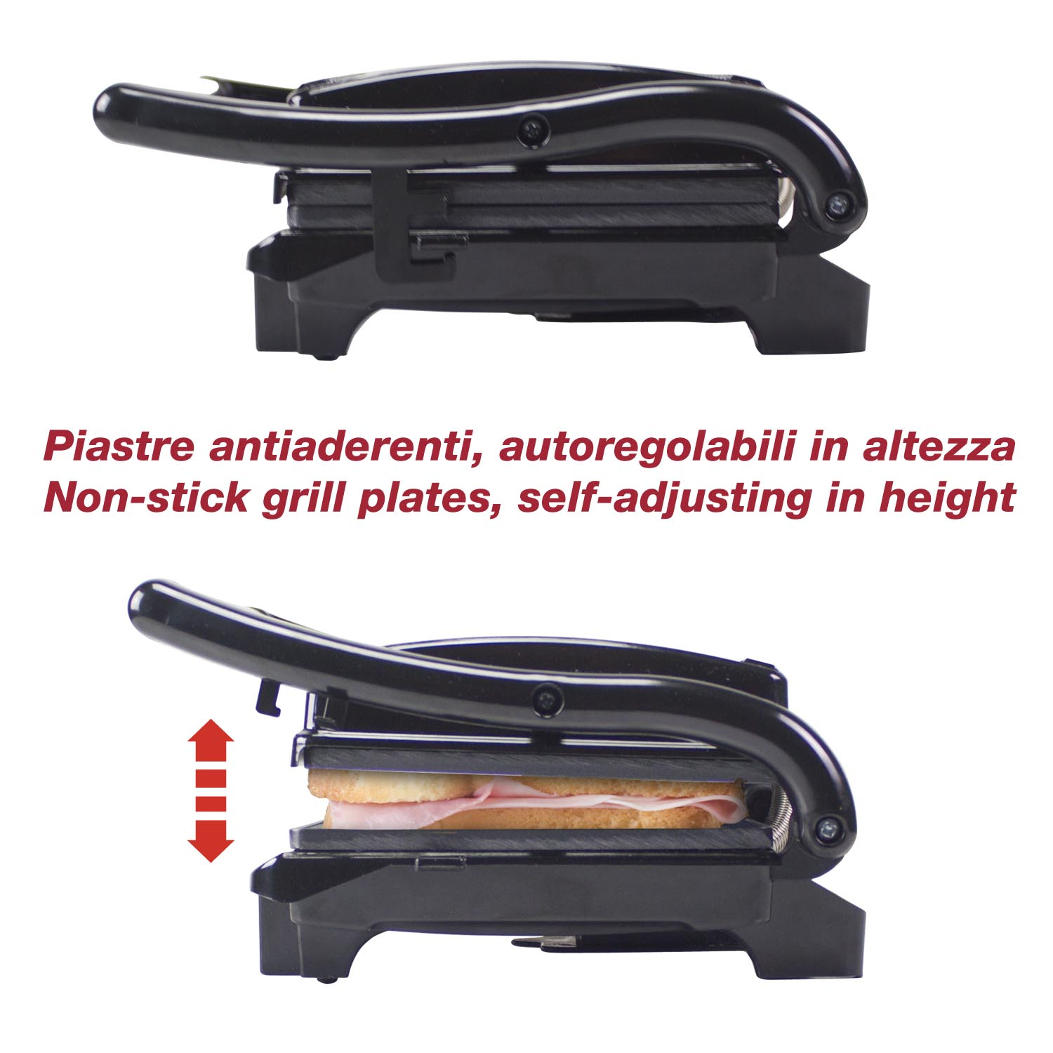 Una piastra per panini nera è mostrata. La parte superiore è sollevata, rivelando pane e carne. Frecce rosse indicano la regolazione dell'altezza.