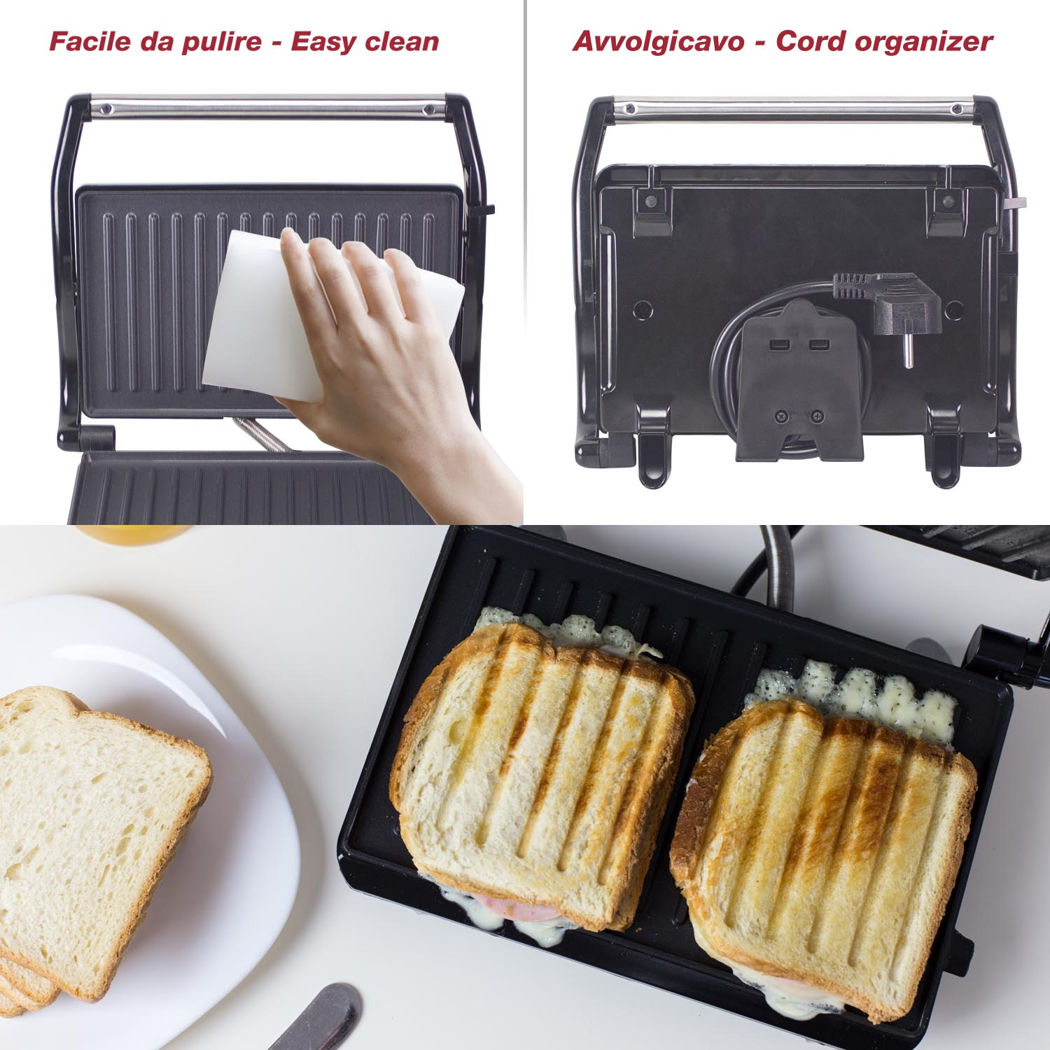 Una macchina per sandwich con una mano che pulisce e due panini tostati. Una fetta di pane su un piatto.