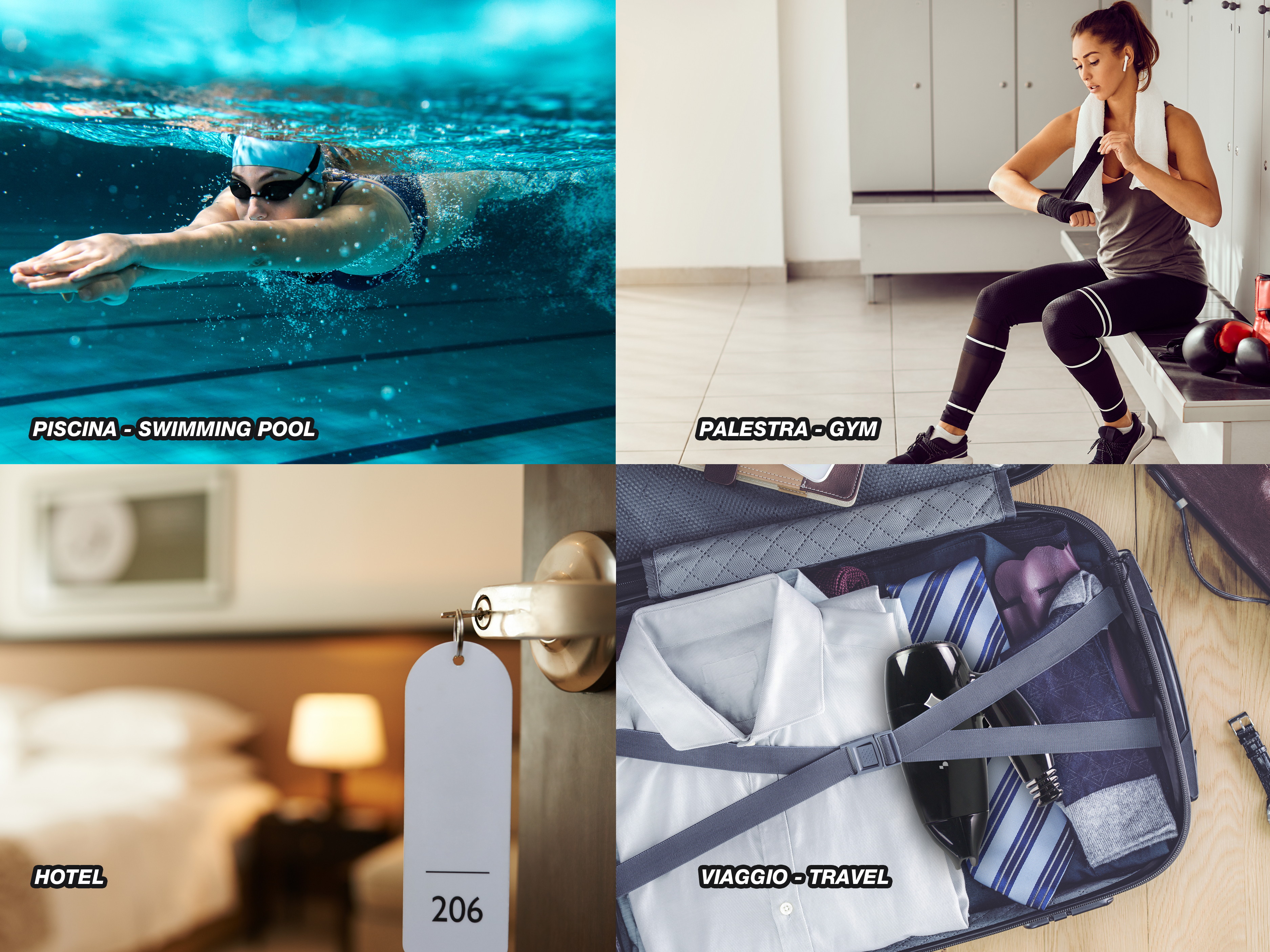 Collage: Nuotatrice sott'acqua, donna che fascia le mani, appendiabiti per porta d'albergo 206, valigia con vestiti e accessori.